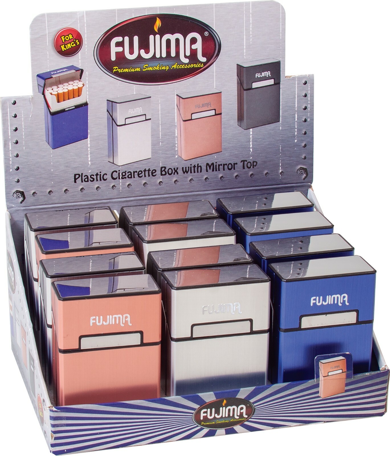12 Aluminum Finish Top Flip Open Plastic Cigarette Case Pack Holder King Size