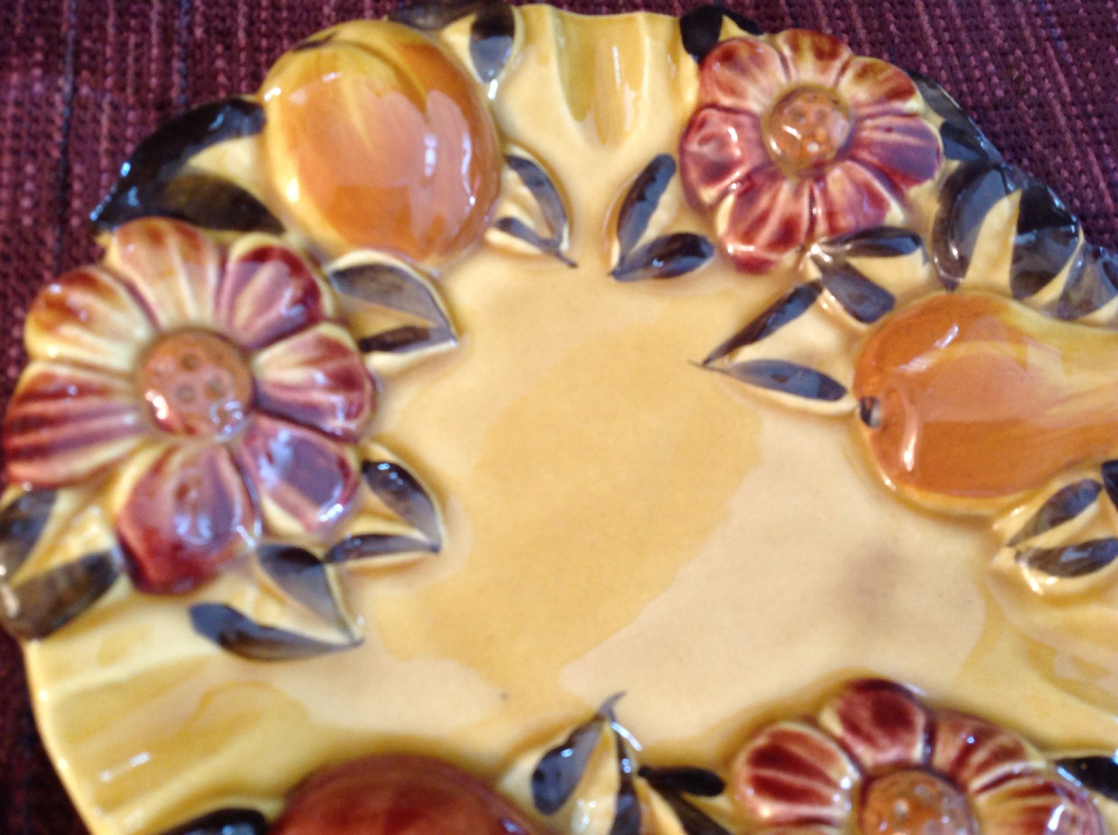 1970s Pottery Ashtray Fruit Flower Pattern Harvest Gold Pear Daisy Vintage
