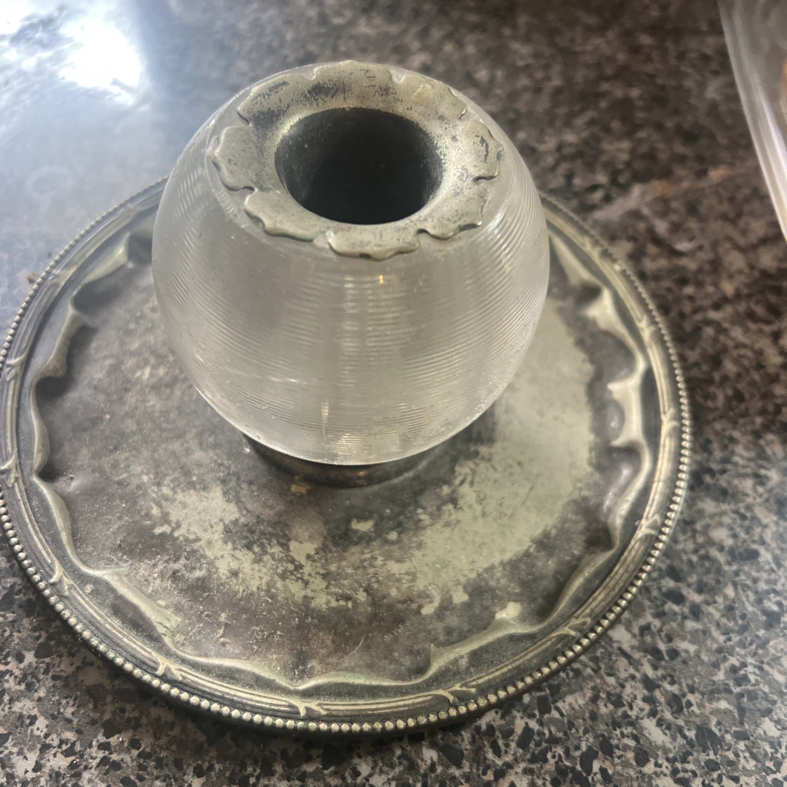 English Glass Ball Threaded Match Striker Set in Silver Rim and ash tray 1915