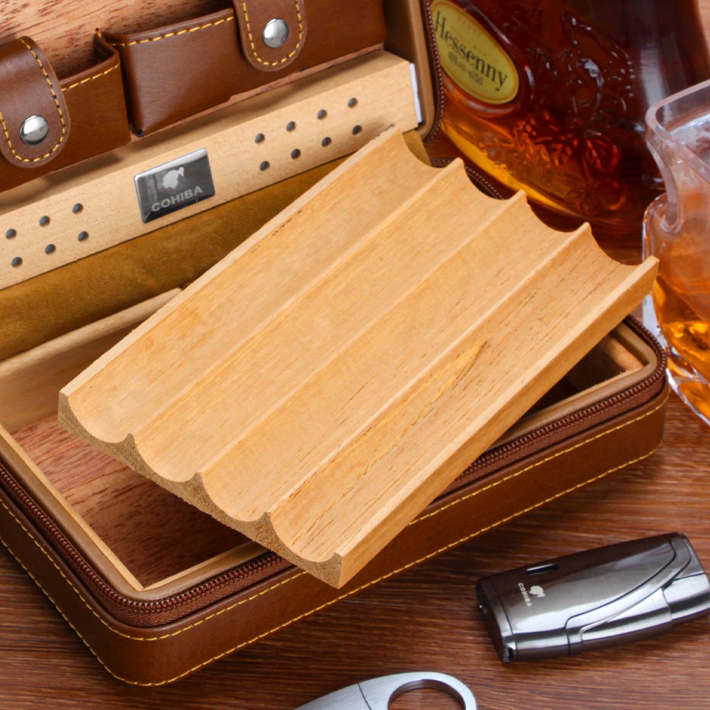 Portable Cigar Humidor Brown Vintage Leather Cedar Wood Case 4 Cigars Ashtray
