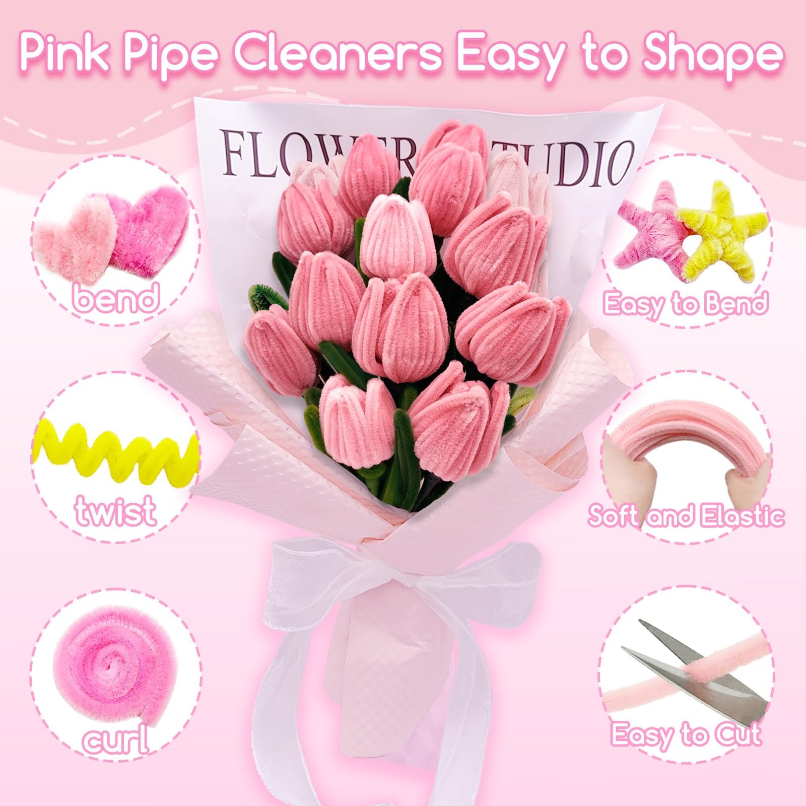 601PCS Complete Pink Pipe Cleaners Flower Kit–Pastel Pipe Cleaners for Flower…