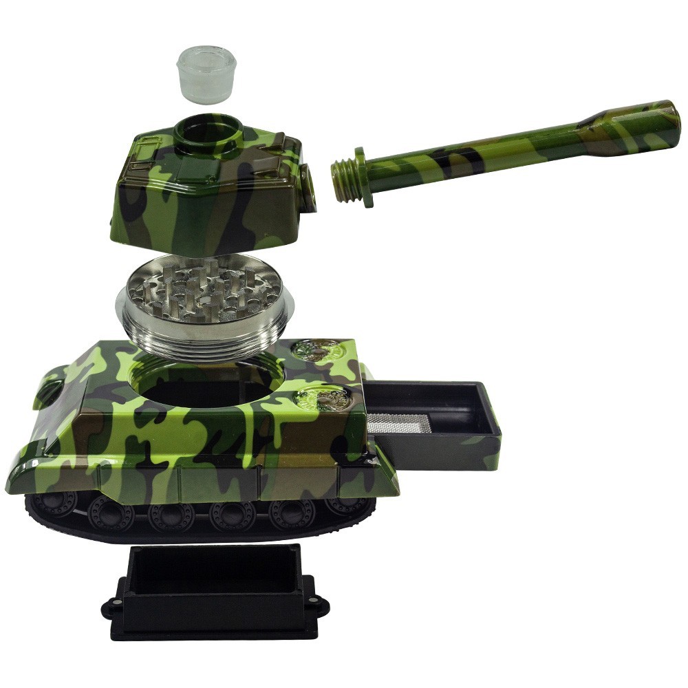 Camo Tank 4pc Metal Herb Spice tobacco Grinder with pipe glass bowl Novelty gift