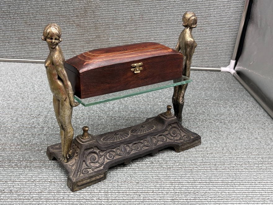 c1930s ART DECO FRANKART CAST IRON DOUBLE NUDE FIGURE CIGARETTE BOX HOLDER