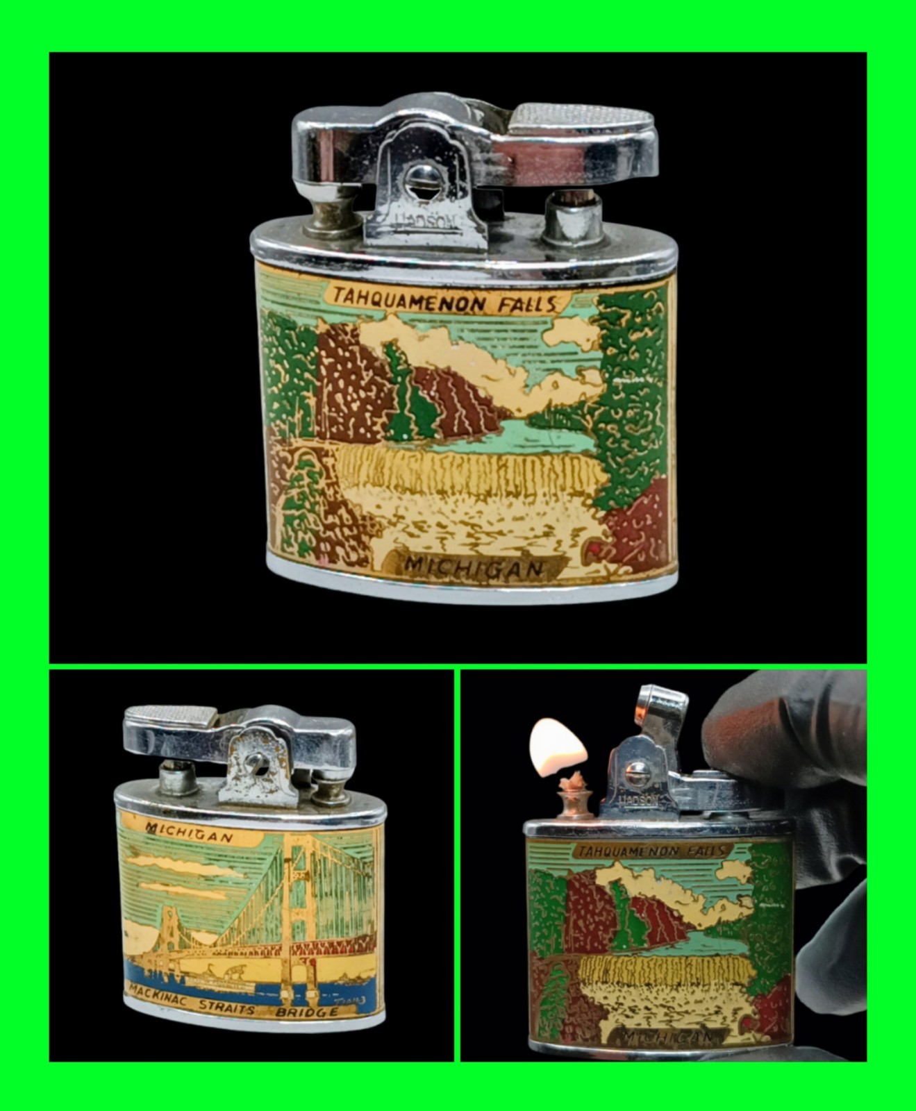 Vintage Michigan Mackinac Bridge And Tahquamenon Falls Petrol Lighter – Working