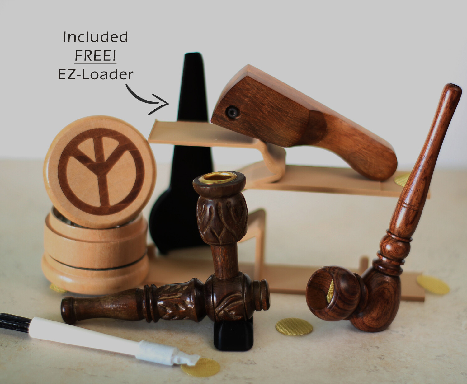 Top 3 Set! (3 pipes) Premium Wood Hand Carved Smoking Pipes & Wood Grinder CAGF