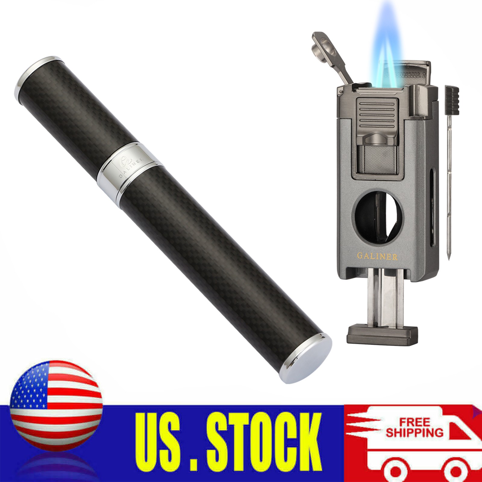 Windproof Torch Cigar Lighter Punch 3 Jet Flame Refillable V-cutter Cigar Tube