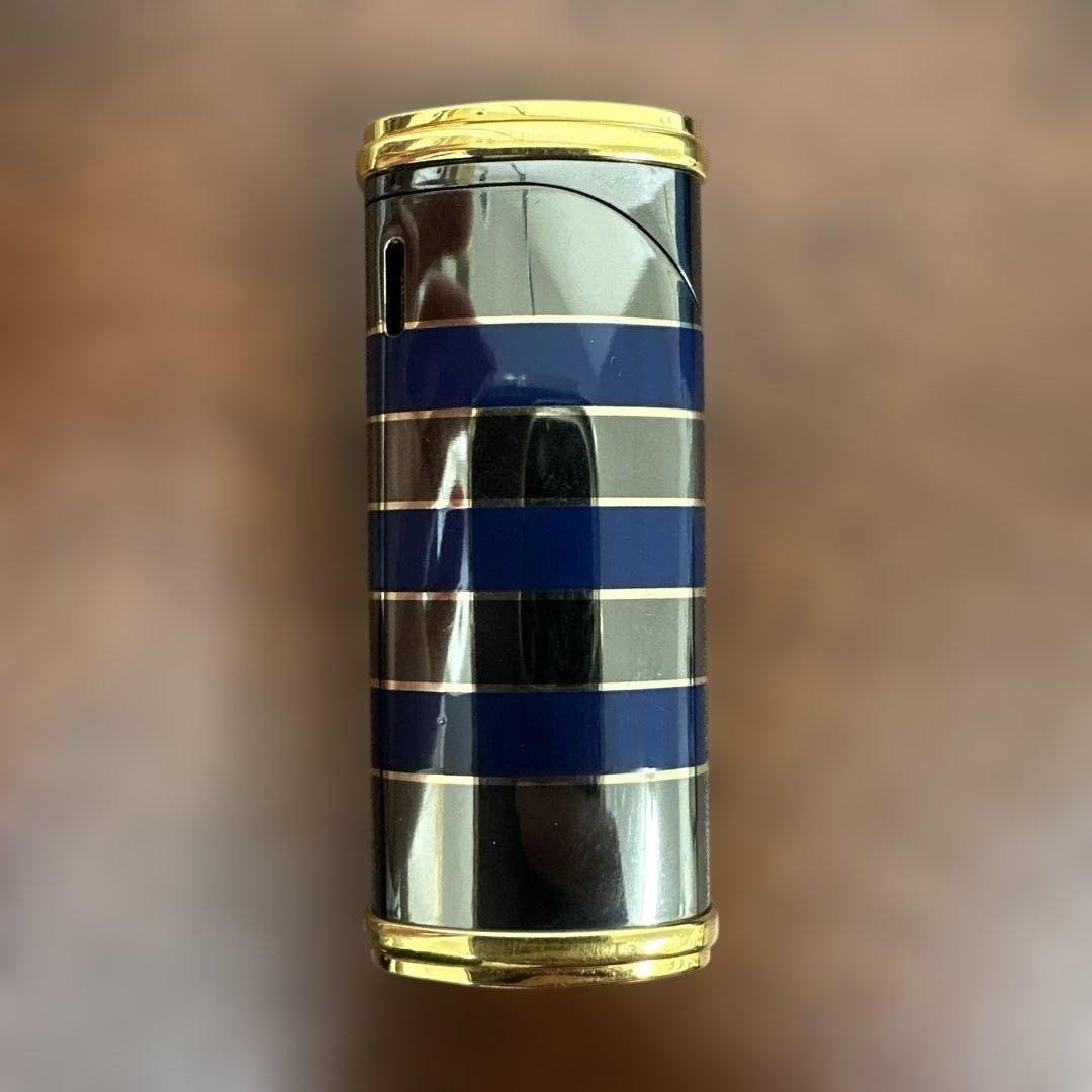 YVES SAINT LAURENT YSL Vintage Lighter Blue Gold Stripe Japan Made w/ Case