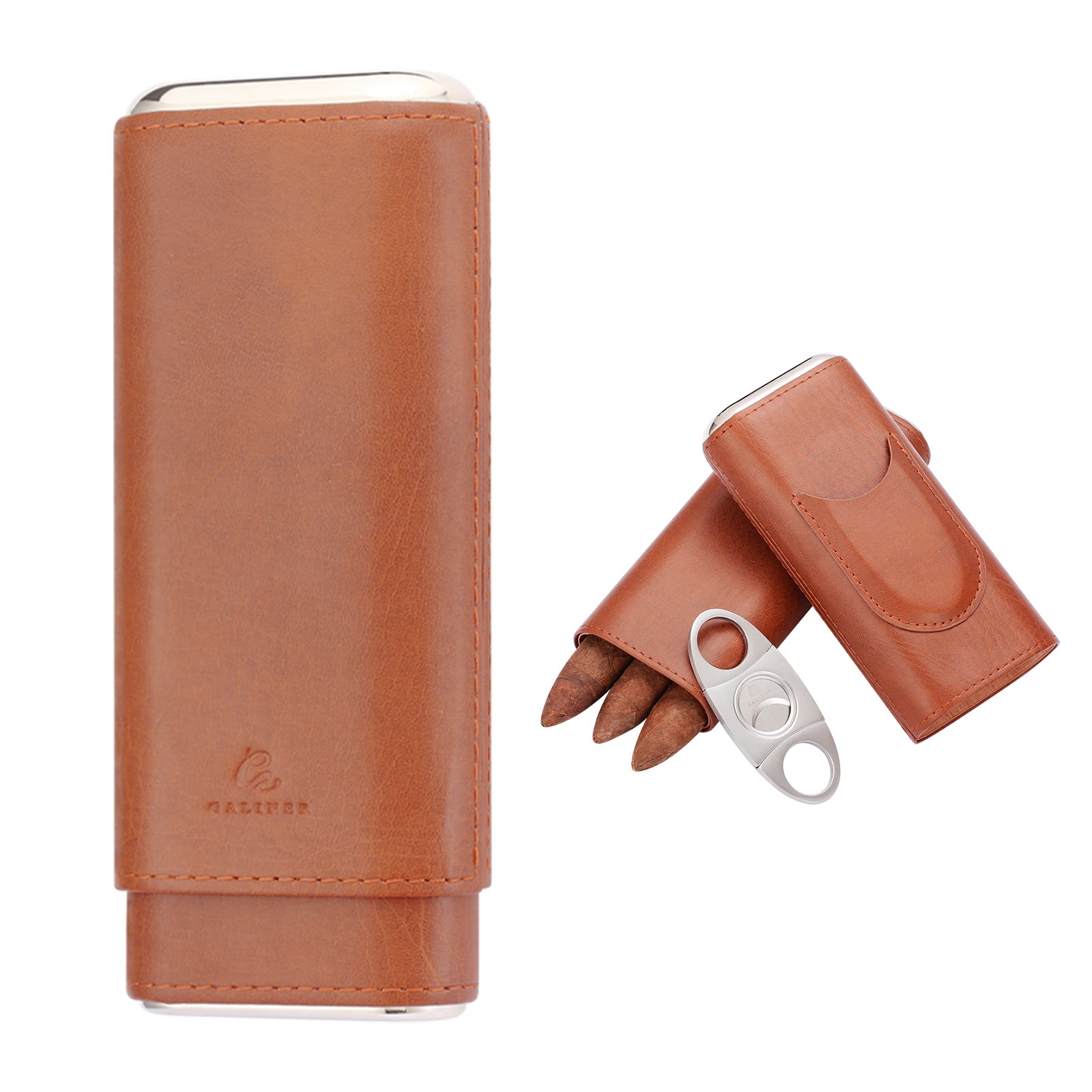 Galiner Leather Cedar Wood Cigar Case Portable Tube Cutter 3 CT Brown Gift Box