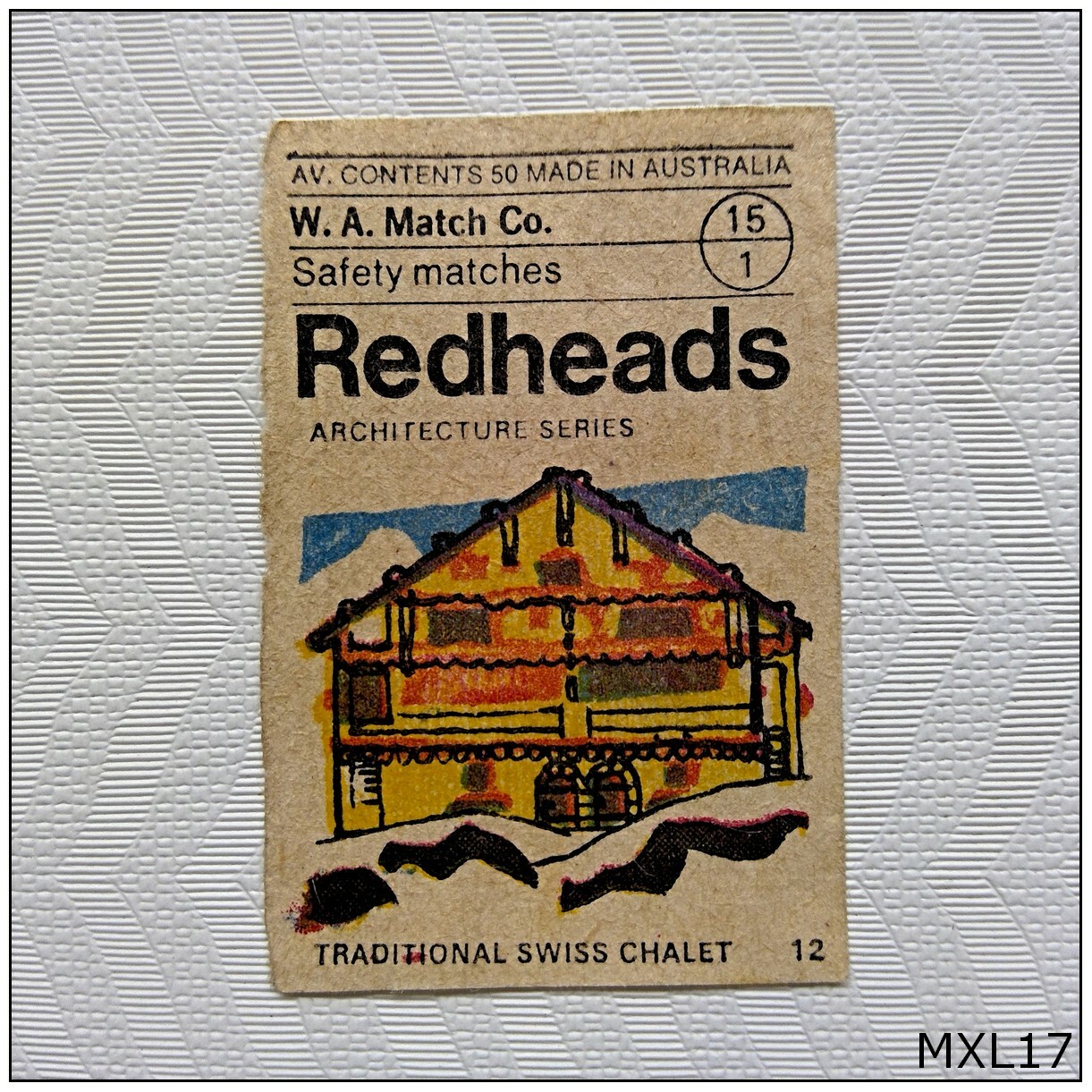 W.A. Match Co. Redheads Architecture #12 Swiss Chalet Matchbox Label (MXL17)