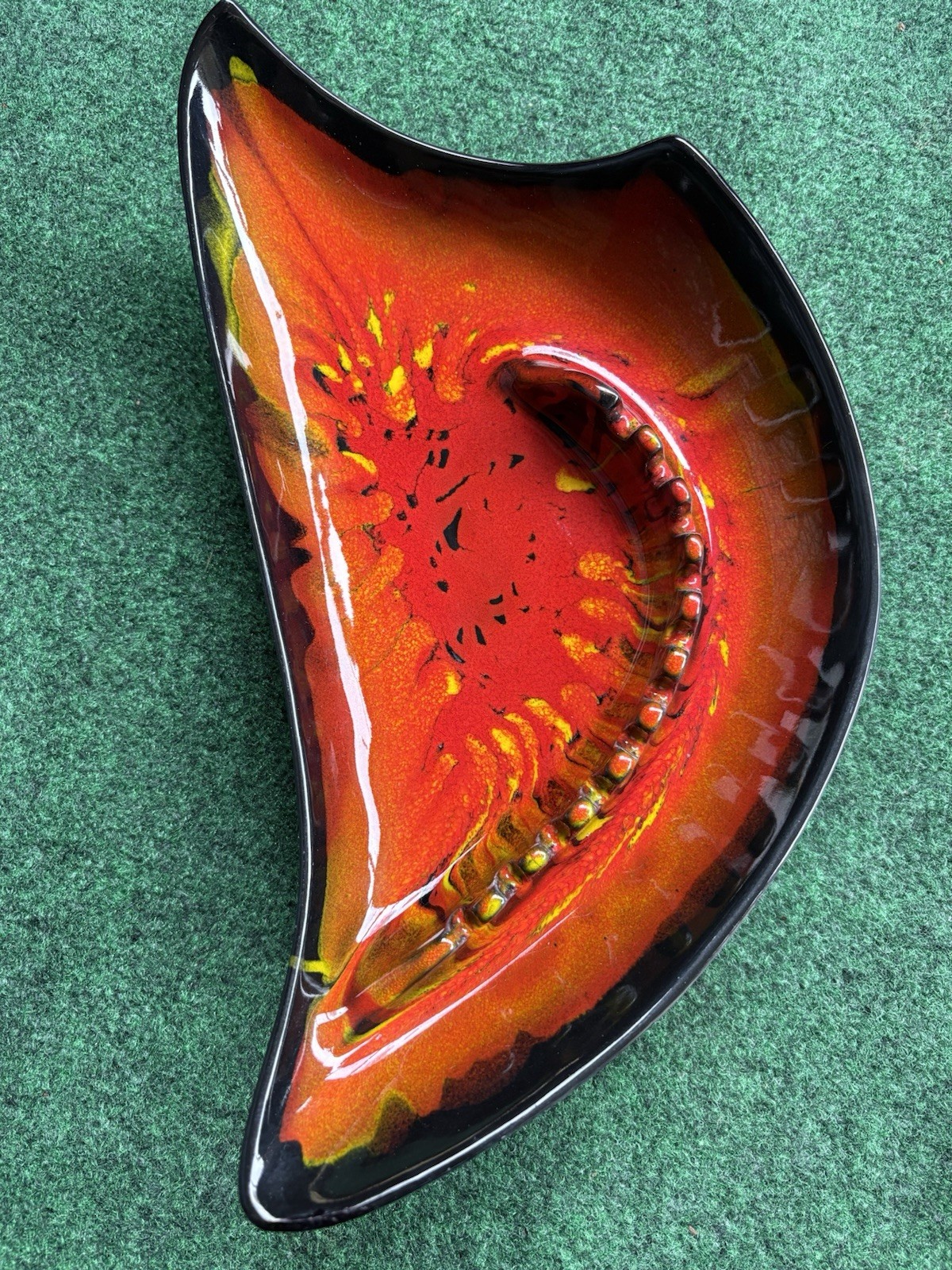 Vtg MCM Cali Pottery Ashtray Drip Atomic Lava Glaze Black Red Orange Ceramic
