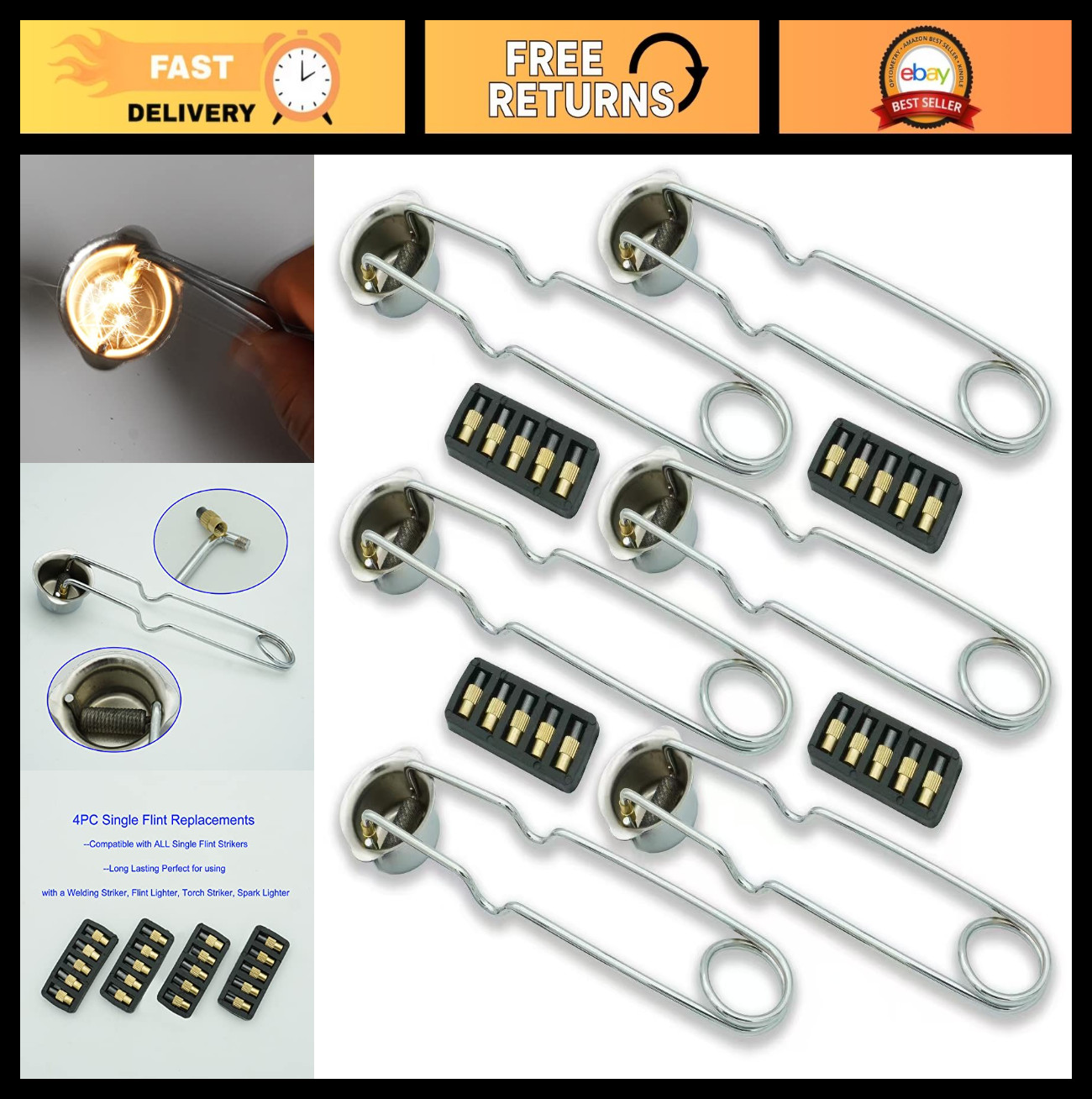 6PC Single Spark Lighter Torch Flint Striker Set + 20 Extra Flint Replacements –