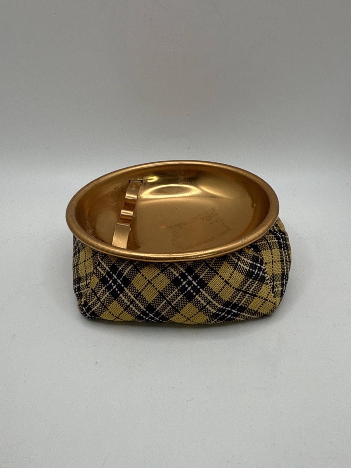 Retro Vintage Bean Bag Ashtray yellow black Metal Plaid Ash Tray