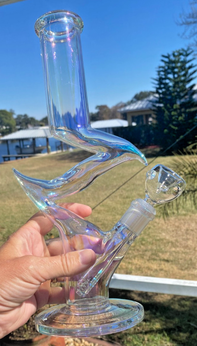 Nice 12.5″ Holographic Rainbow 5mm Glass Water Pipe Bong Ice Catcher 4.5″ Base