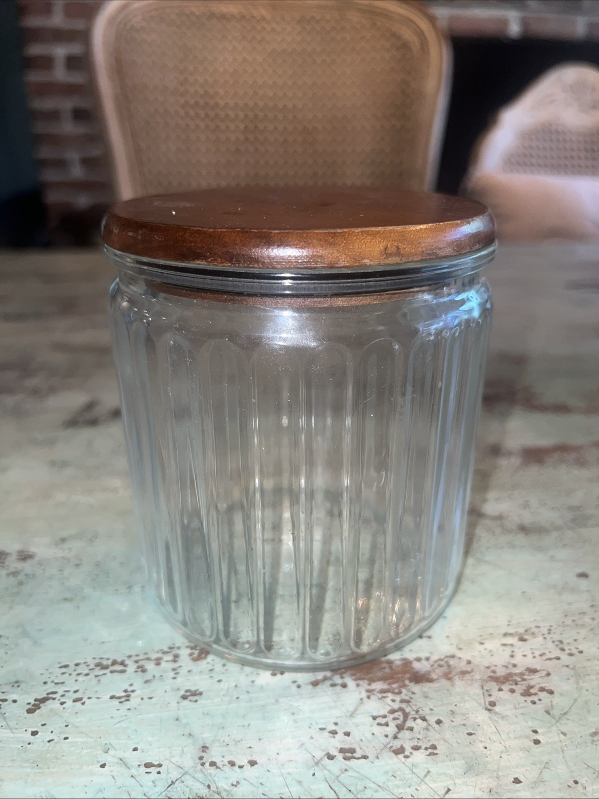 Vintage Tobacco Humidor replacement jar W/Wood Lid CLEAR Ribbed Glass AZTEC- USA