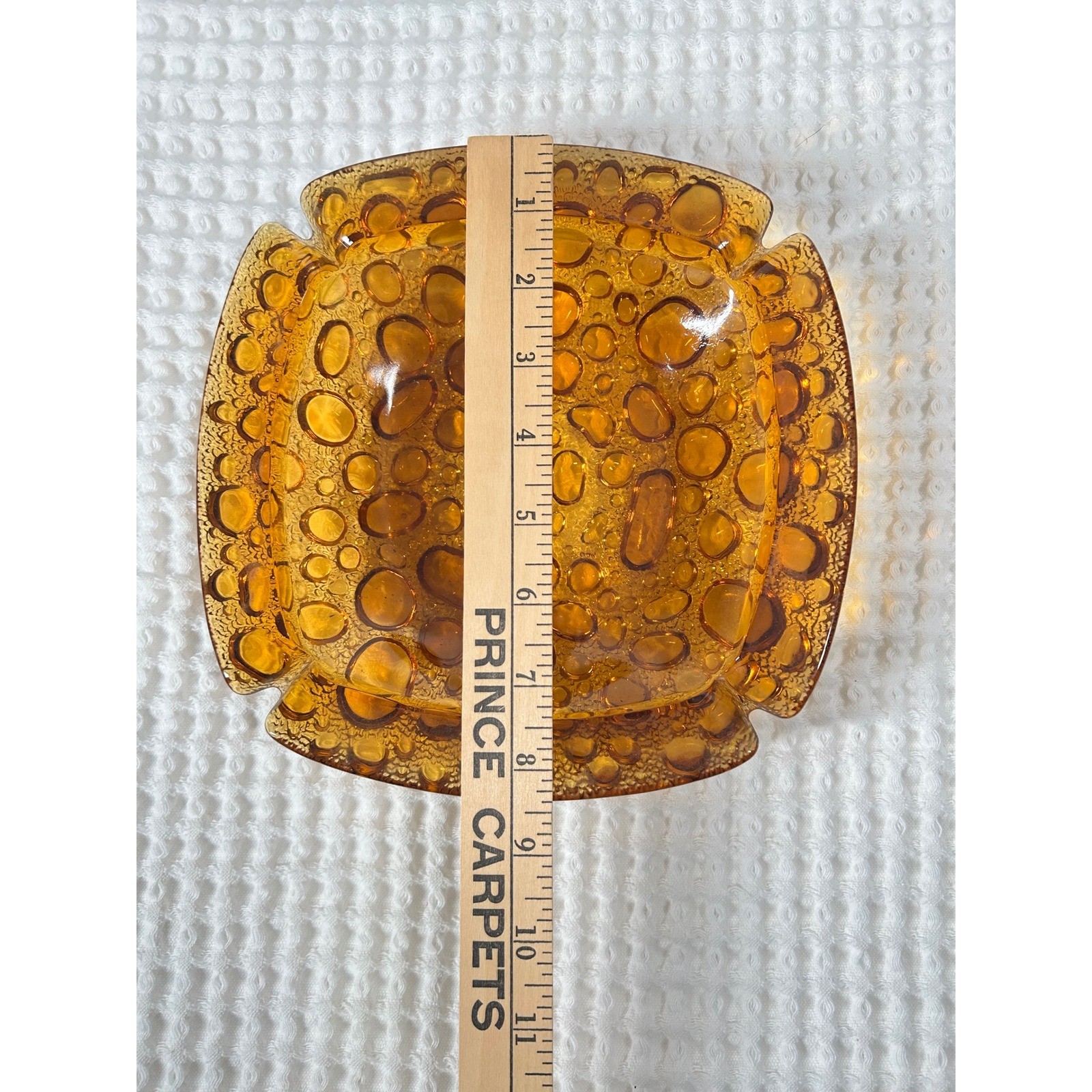 Vintage Amber Glass Ashtray 8in Square Bubble Pebble MCM Retro Decor