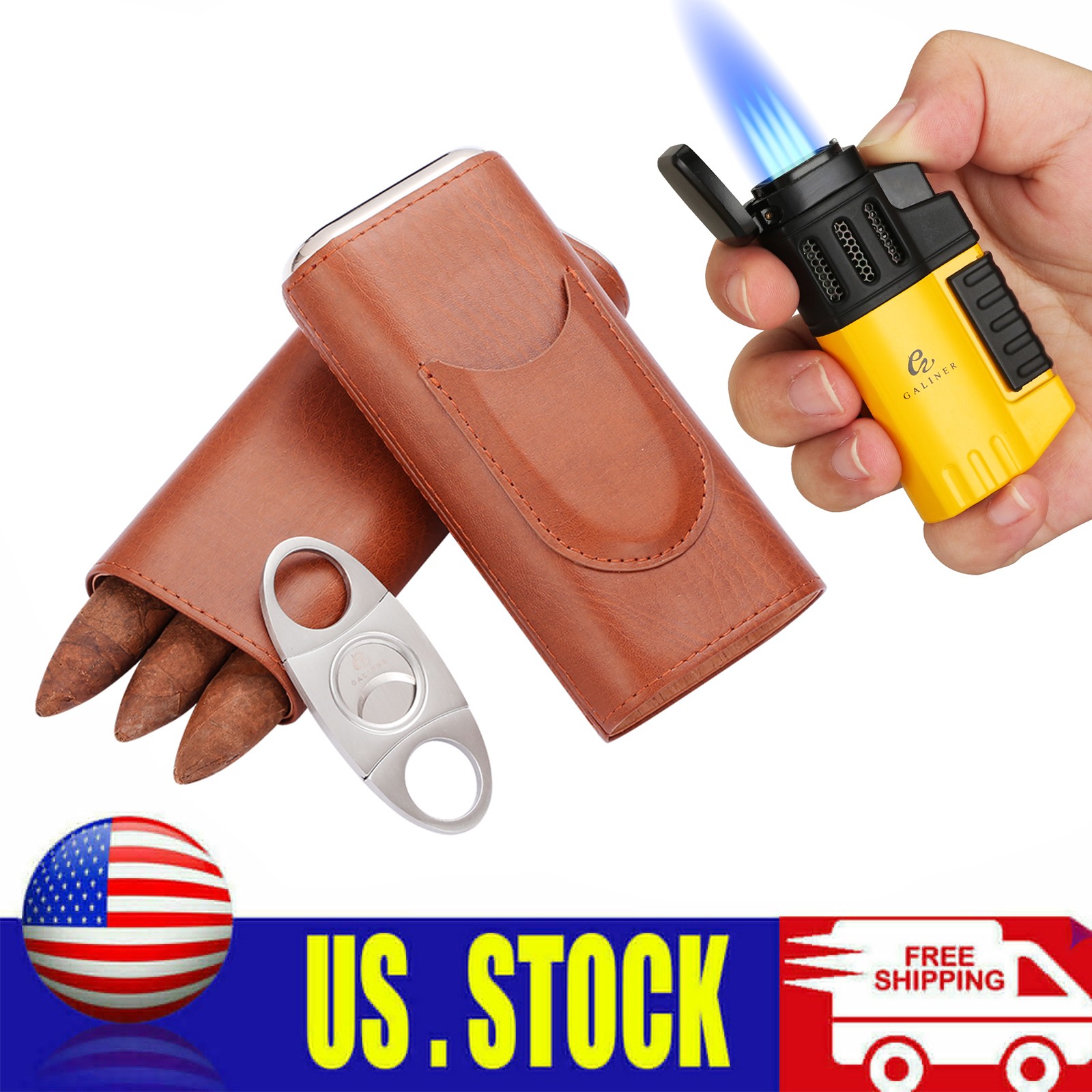 Galiner Travel Portable Leather Cigar Case Holder 3 Tubes Cigar Lighter Cutter