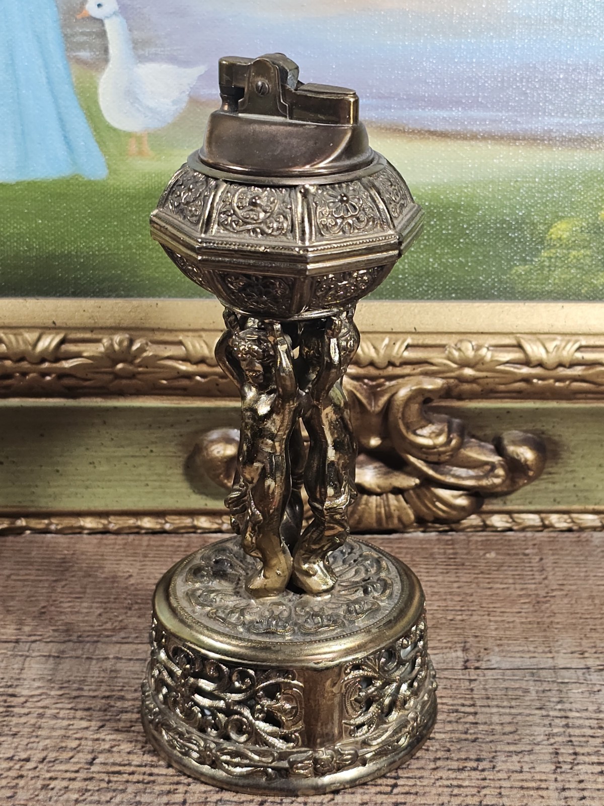 Hollywood Regency Style Goldtone Cherub Table Lighter/Music Box Made in Japan