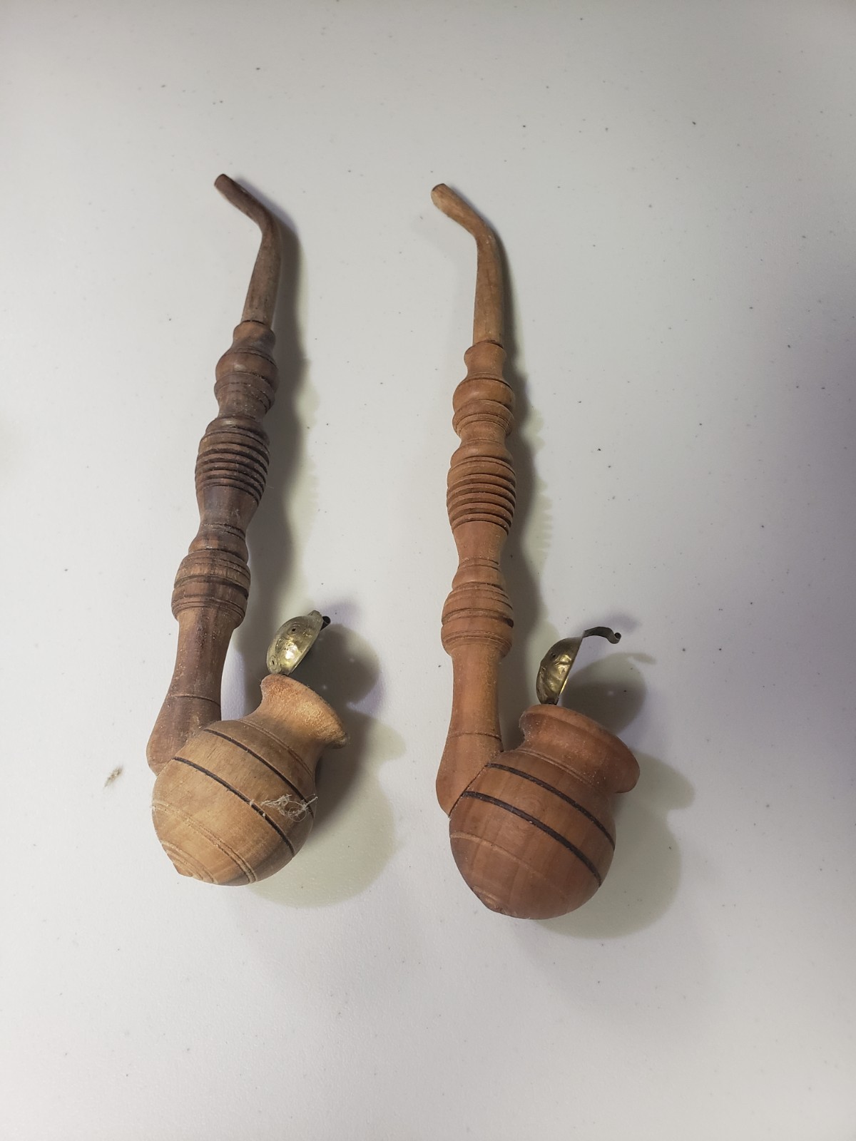 Pair Of Wooden Beehive Pipes With Brass Lids