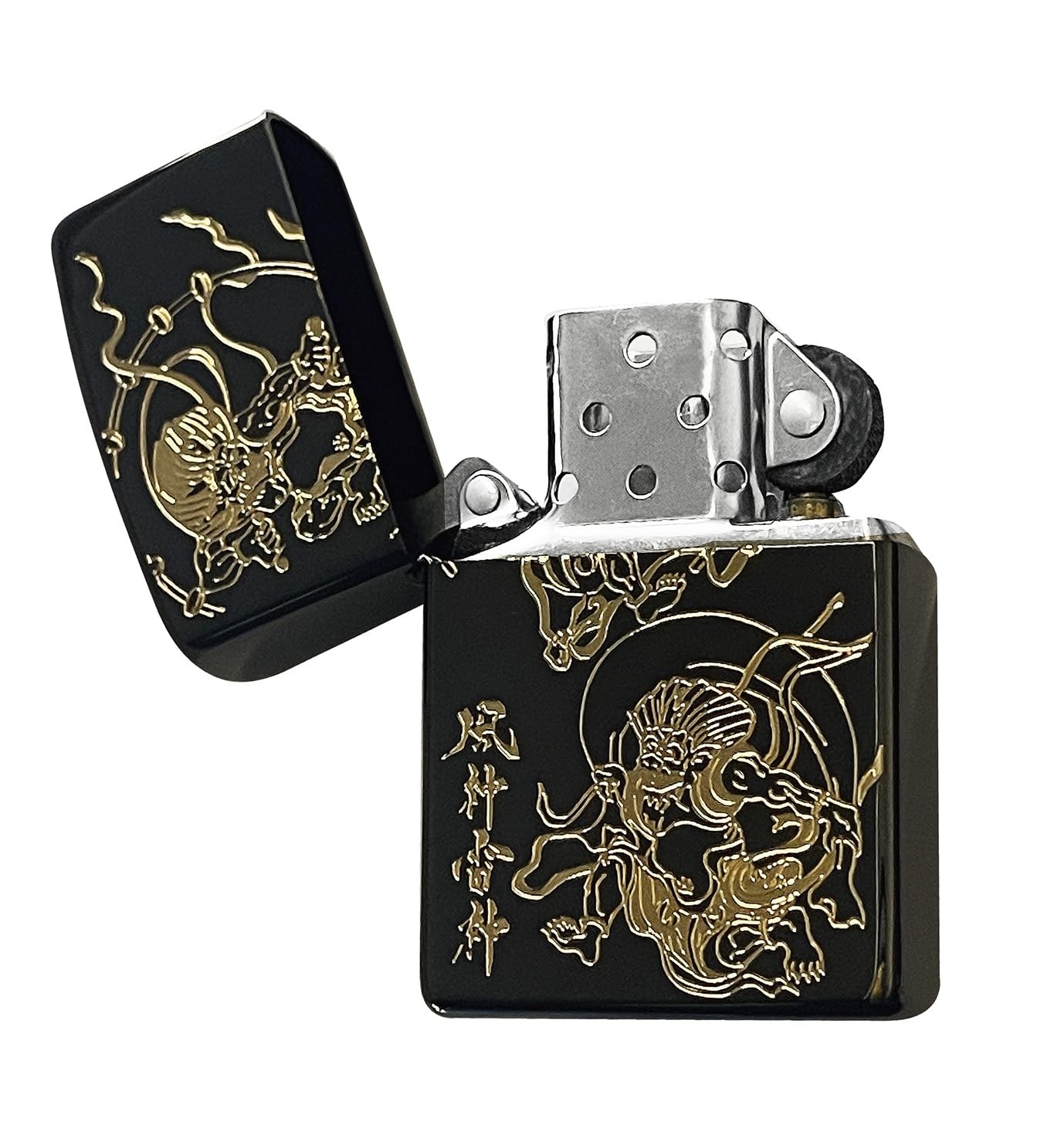 Japanese Fujin Raijin Zippo Lighter Wind God Thunder God Antique Black Gift Box