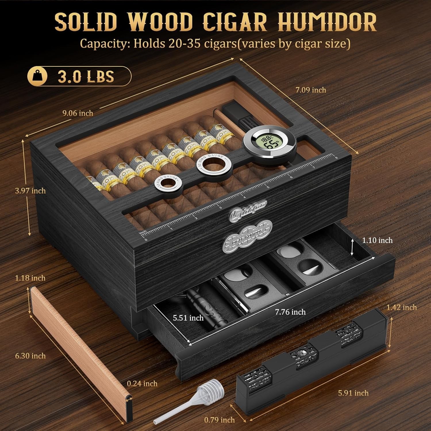 Cedar Wood Cigar Humidor Glass Top Desktop Box Digital Hygrometer Humidifier