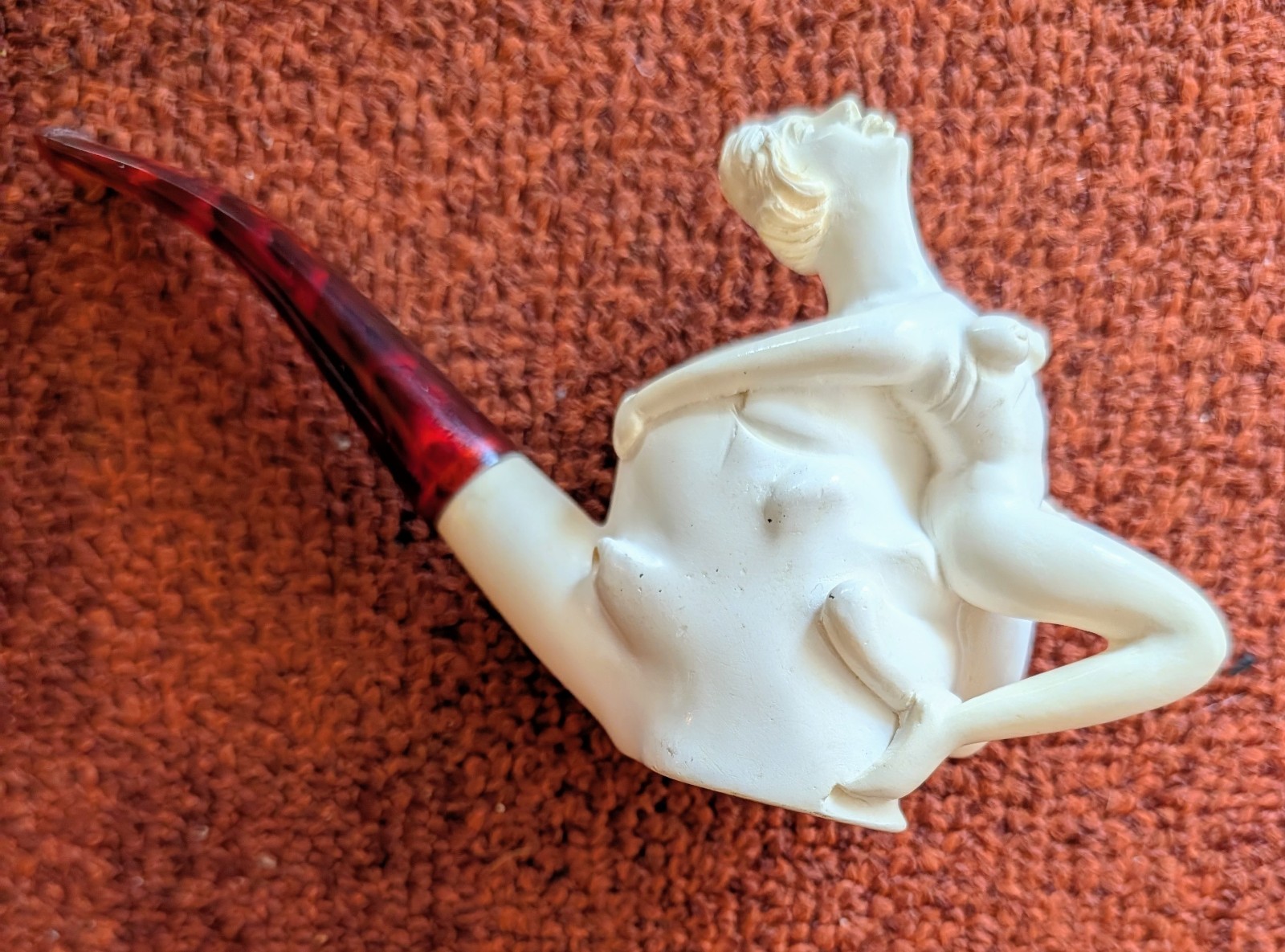 Vintage NOS Hand Carved Nude Lady Smoking Pipe, Block Meerschaum, No Case