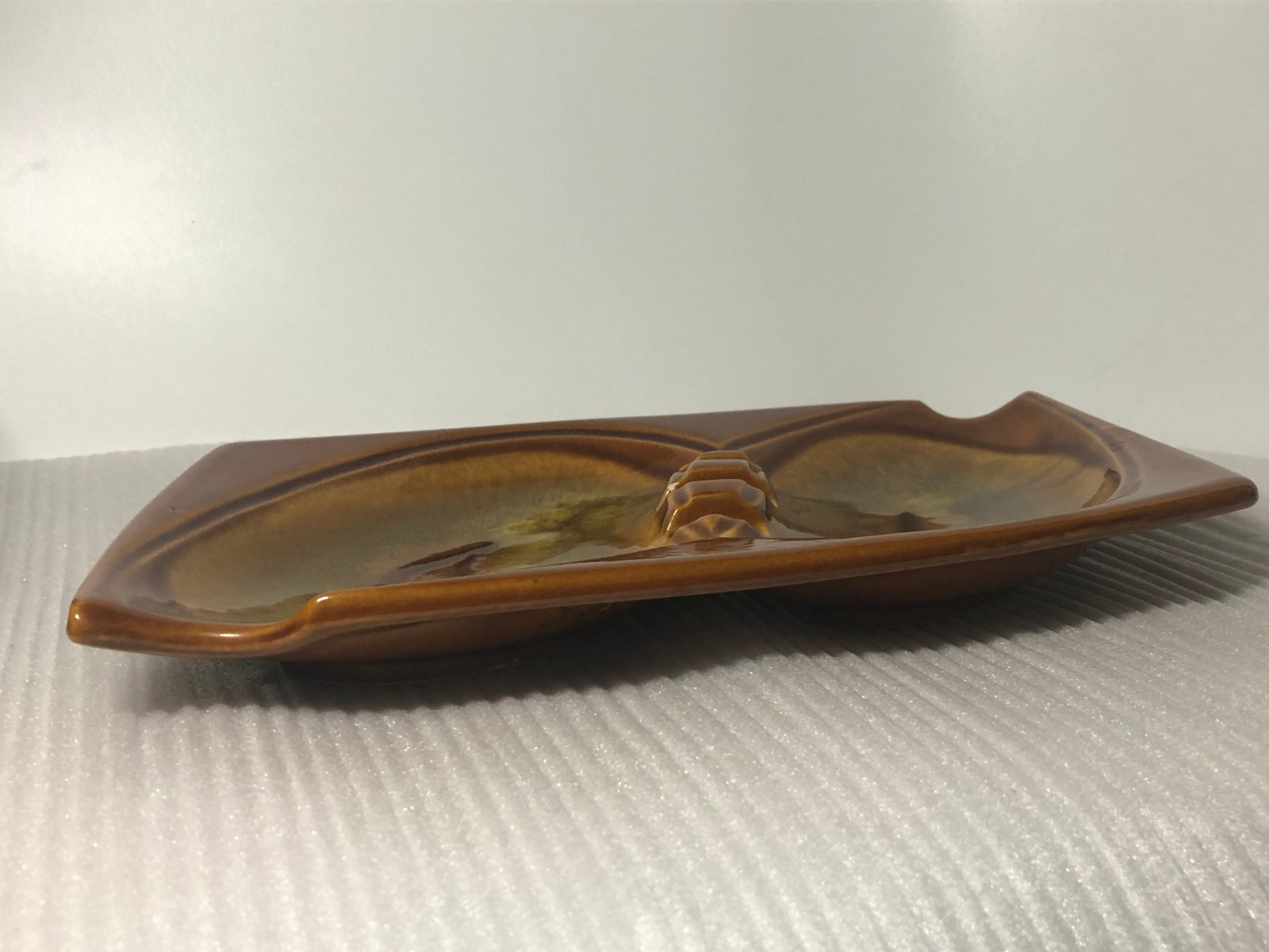 Vintage Japan Dual Sides Ashtray Brown & Gold Ceramic Asymmetrical 10″x6″