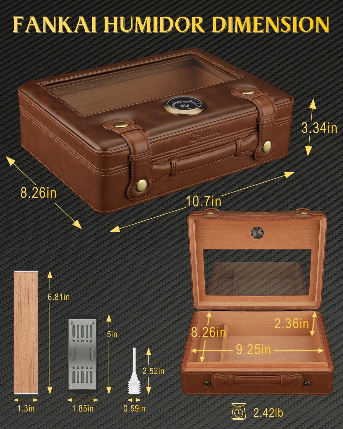 Portable Cigar Humidor Box with Glass Top,Cedar Wood Lining up to 50pcs Cigars