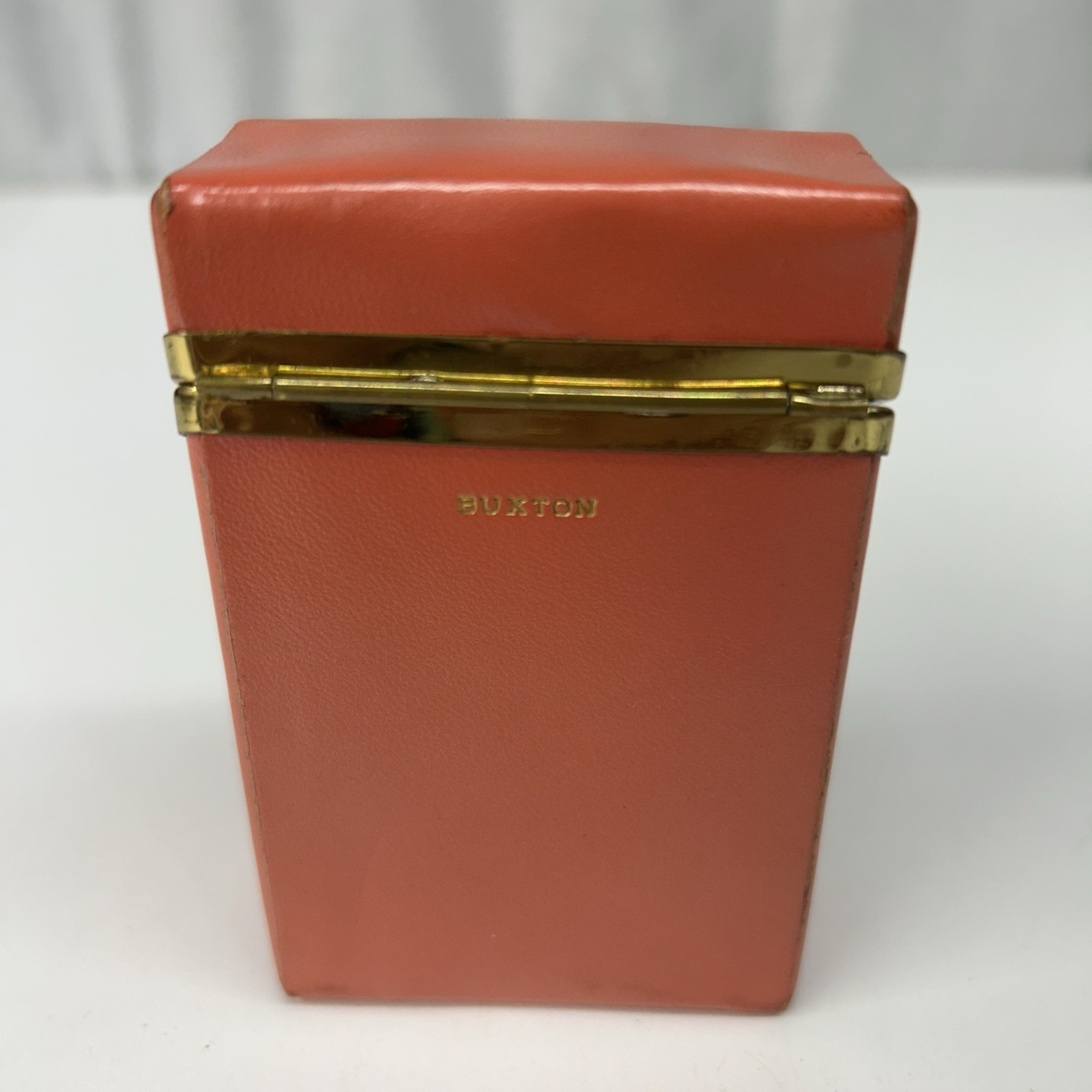 Vintage Buxton Cigarette Case Leather? Coral Color Gold Trim Flip Top