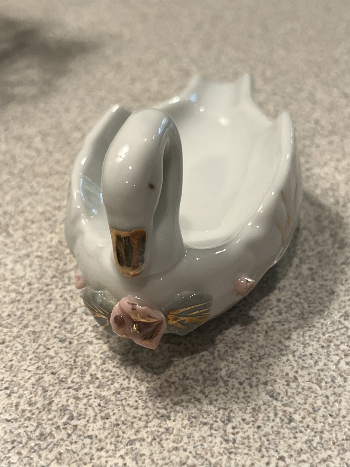 Vintage White Swan Ashtray Porcelain Ceramic Gold Glitter Pink Roses Trinket 50s