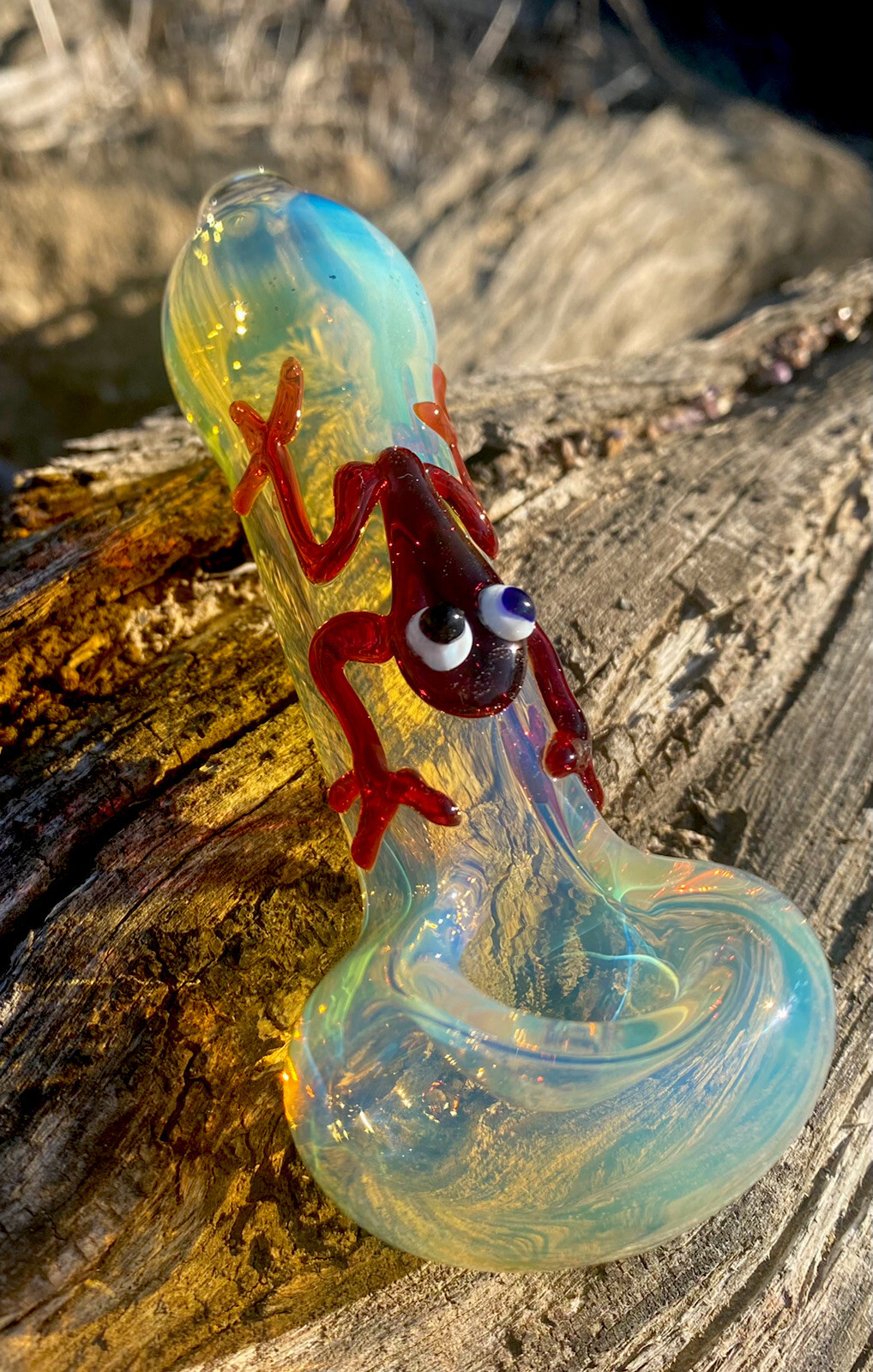 Red Frog On Tobacco Smoking Glass Pipe Bowl (handmade)Silver Fumed.