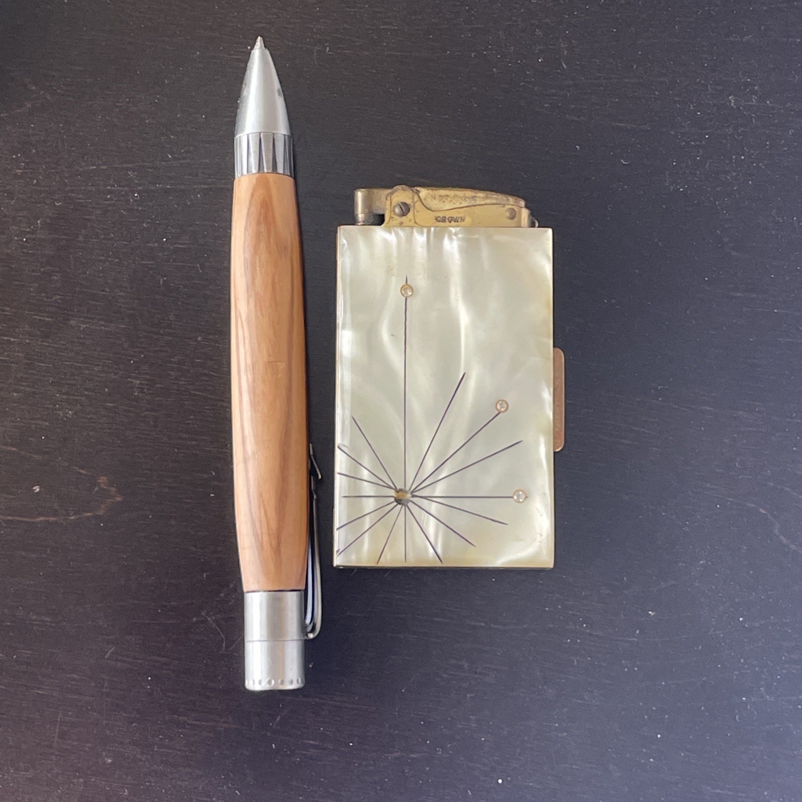 Vintage Crown Art Deco Mother Of Pearl Star Burst Lighter Cigarette Case Combo