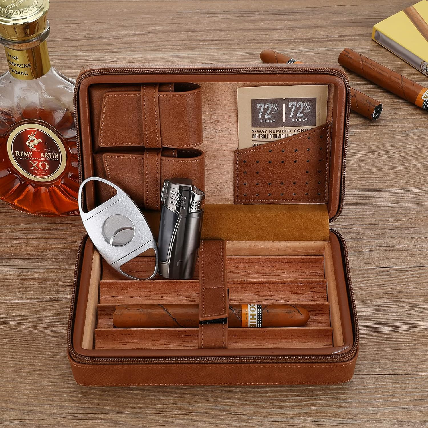 Luxury Cedar Leather Cigar Travel Humidor & Accessories Gift Set – Brown