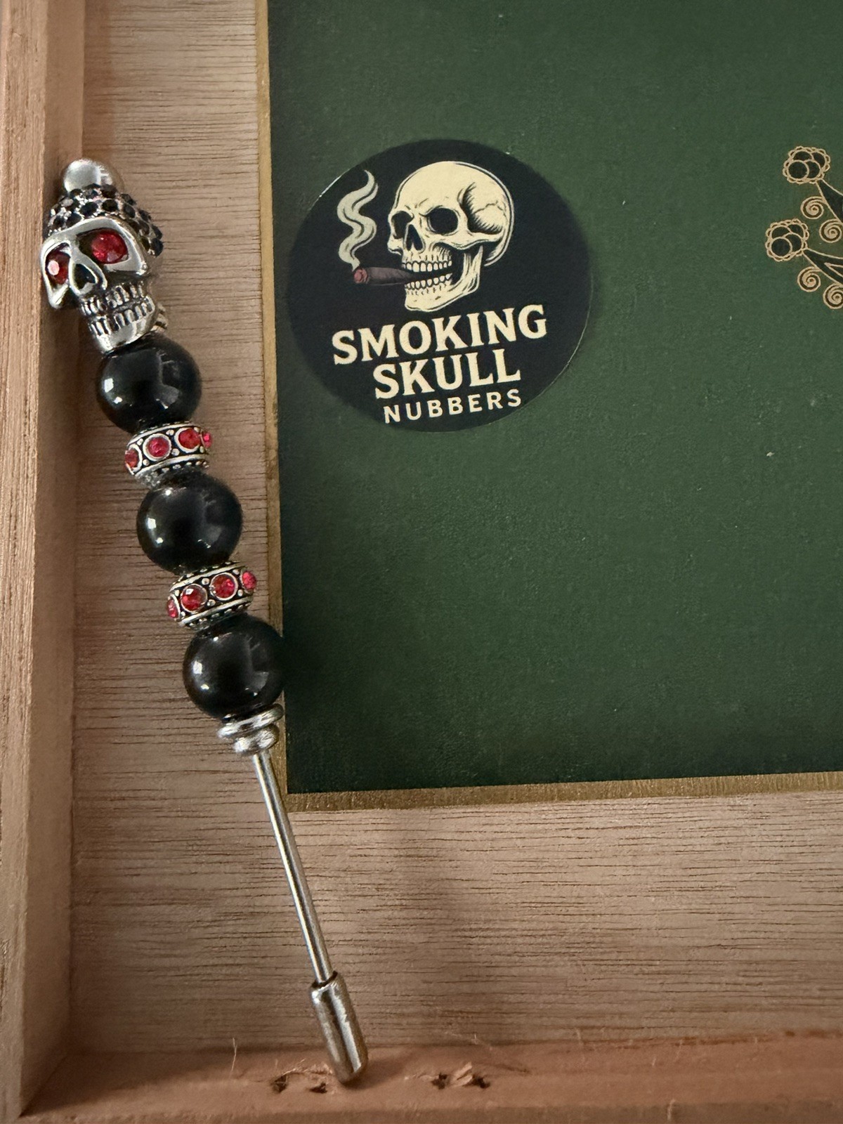 Handcrafted Skull Cigar Nubber, Poker, Pick, Black with red crystal And Silver