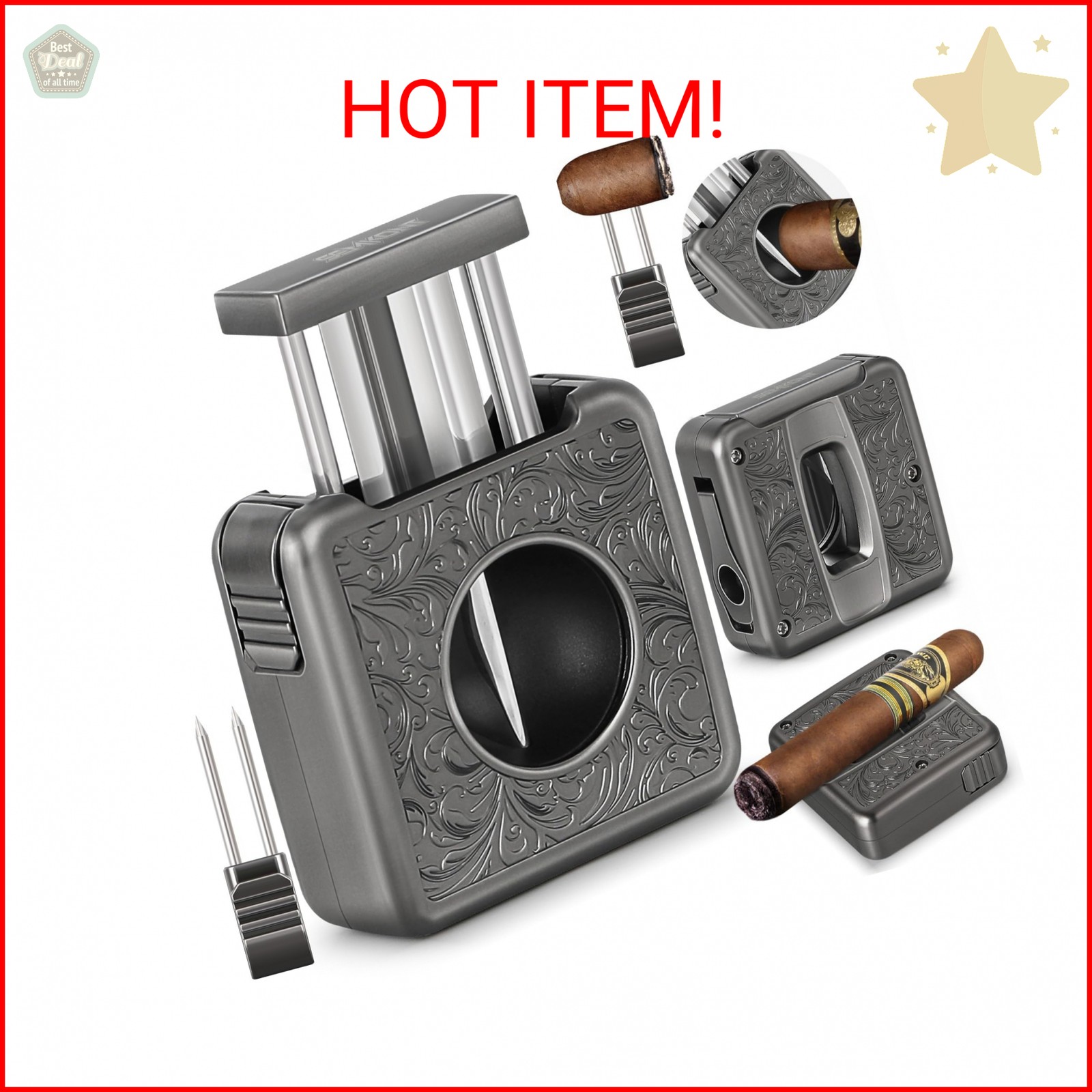 SEMKONT Cigar Cutter,Portable Multifunction V Cut Cigar Cutter, 4 in 1 Stainless