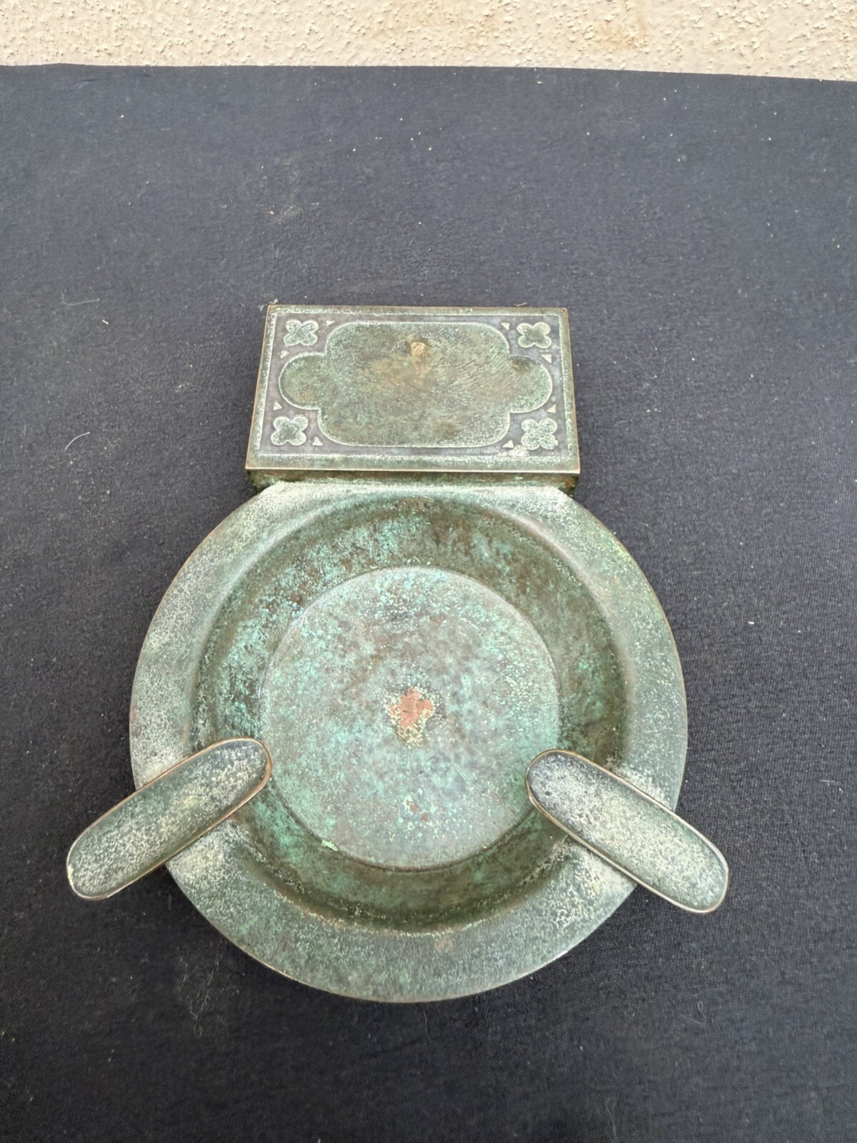 Silver Crest Bronze Ashtray Match Holder #402 Antique Patina Art Deco RARE