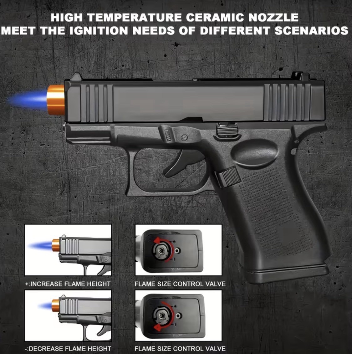 Gun-Shaped Butane Lighter with High-Temperature Ceramic Nozzle, Black Orange ￼