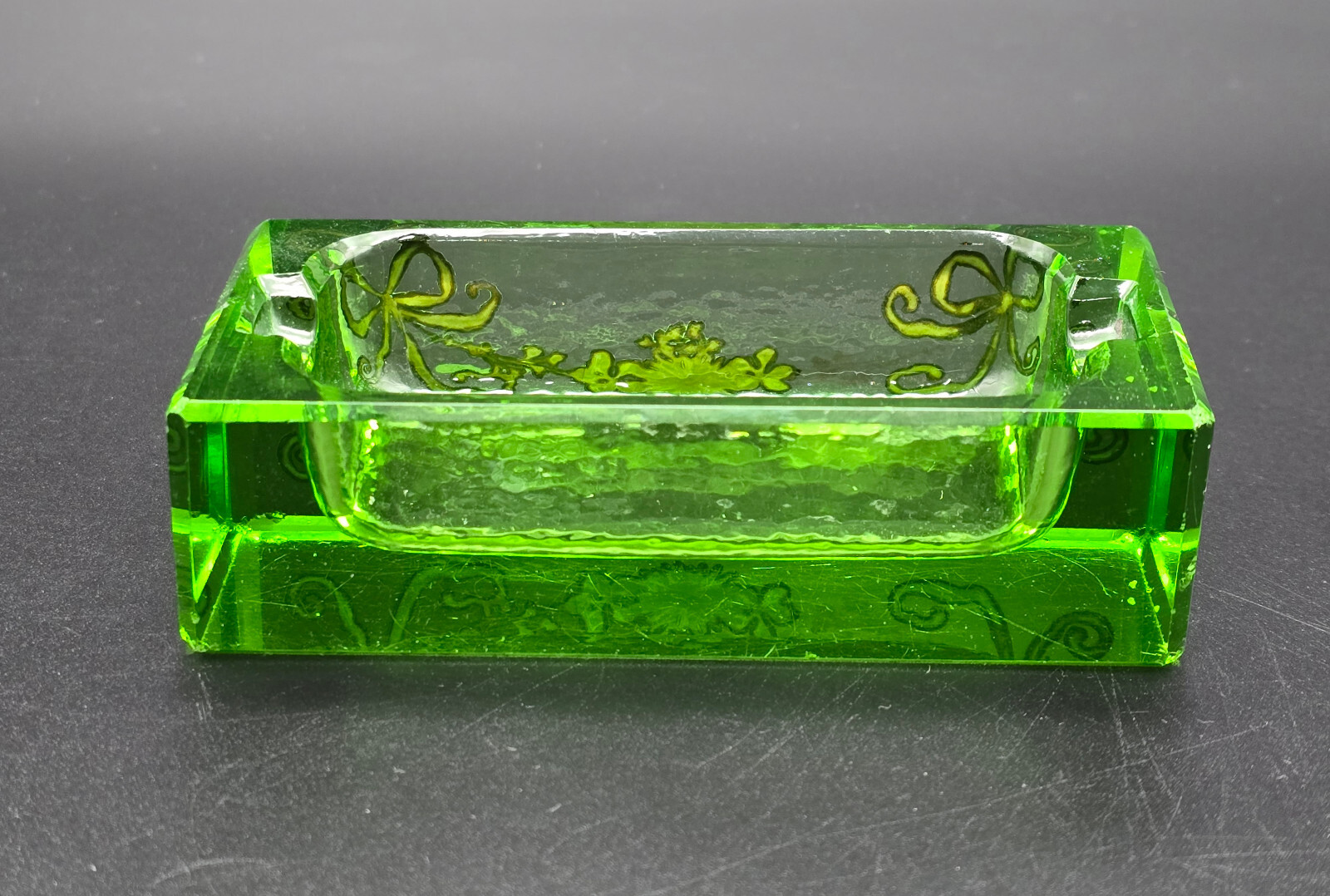 Antique Victorian Green Glass Ashtray with Sterling Silver Decorations/UK/c1900