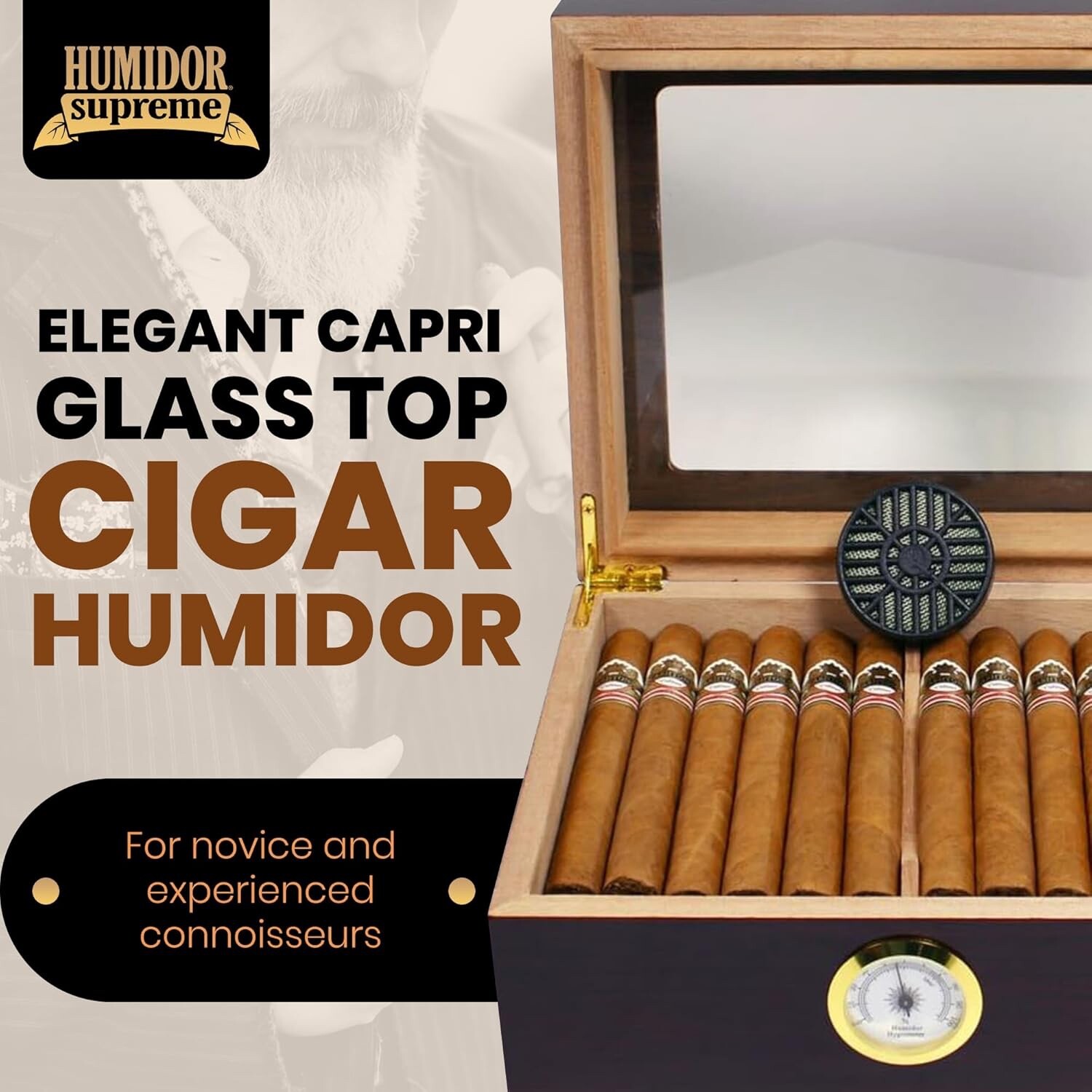 Humidor Supreme Small Cigar Humidor Wood Box, Capri with Glass top-Cedar Divider