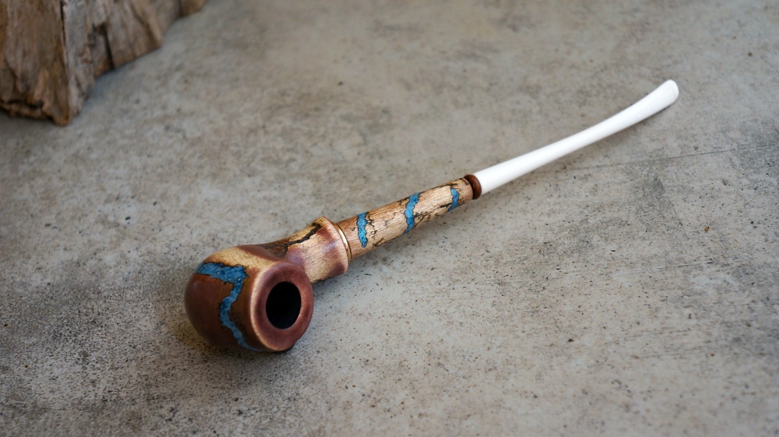 Wooden Tobacco pipe Handmade – Long Smoking Pipe Turquoise Inlay – White Steam