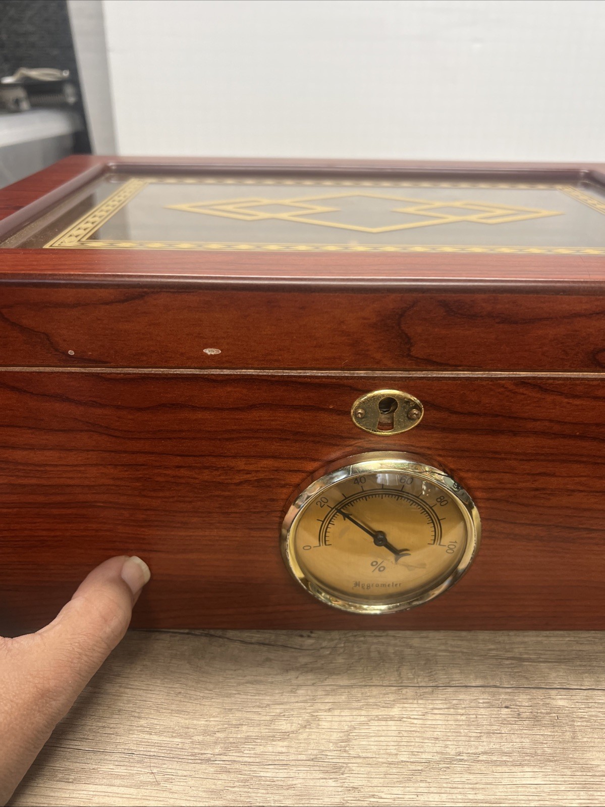 Bally II Cigar Humidor Wood Box, Beveled Glass Top, External Analog Hygrometer