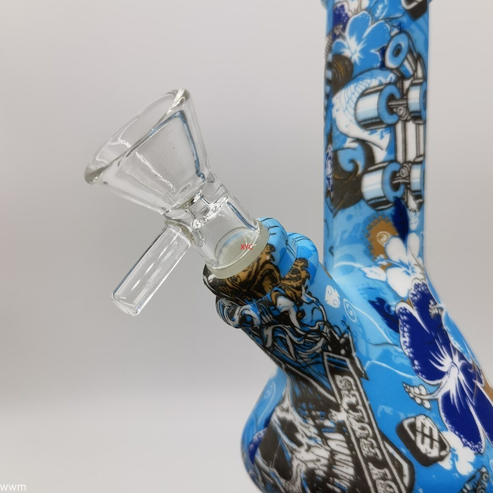 4.7 Inch Silicone Hookah Smoking Water Pipe Bule Printed Bong W/ 14mm Glass Bowl