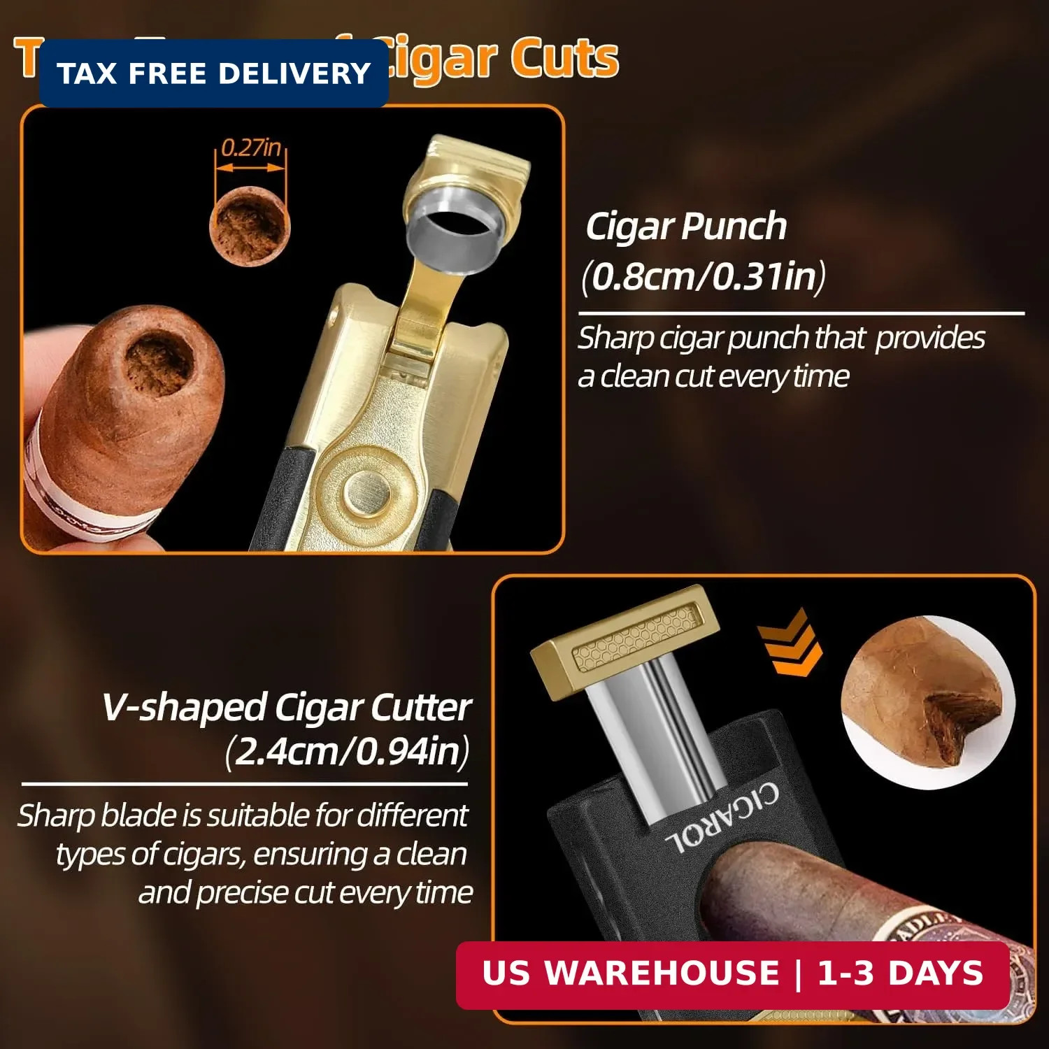 5-in-1 Cigar Torch Lighter, Double Jet Flame Butane Lighter with V-Cutter.