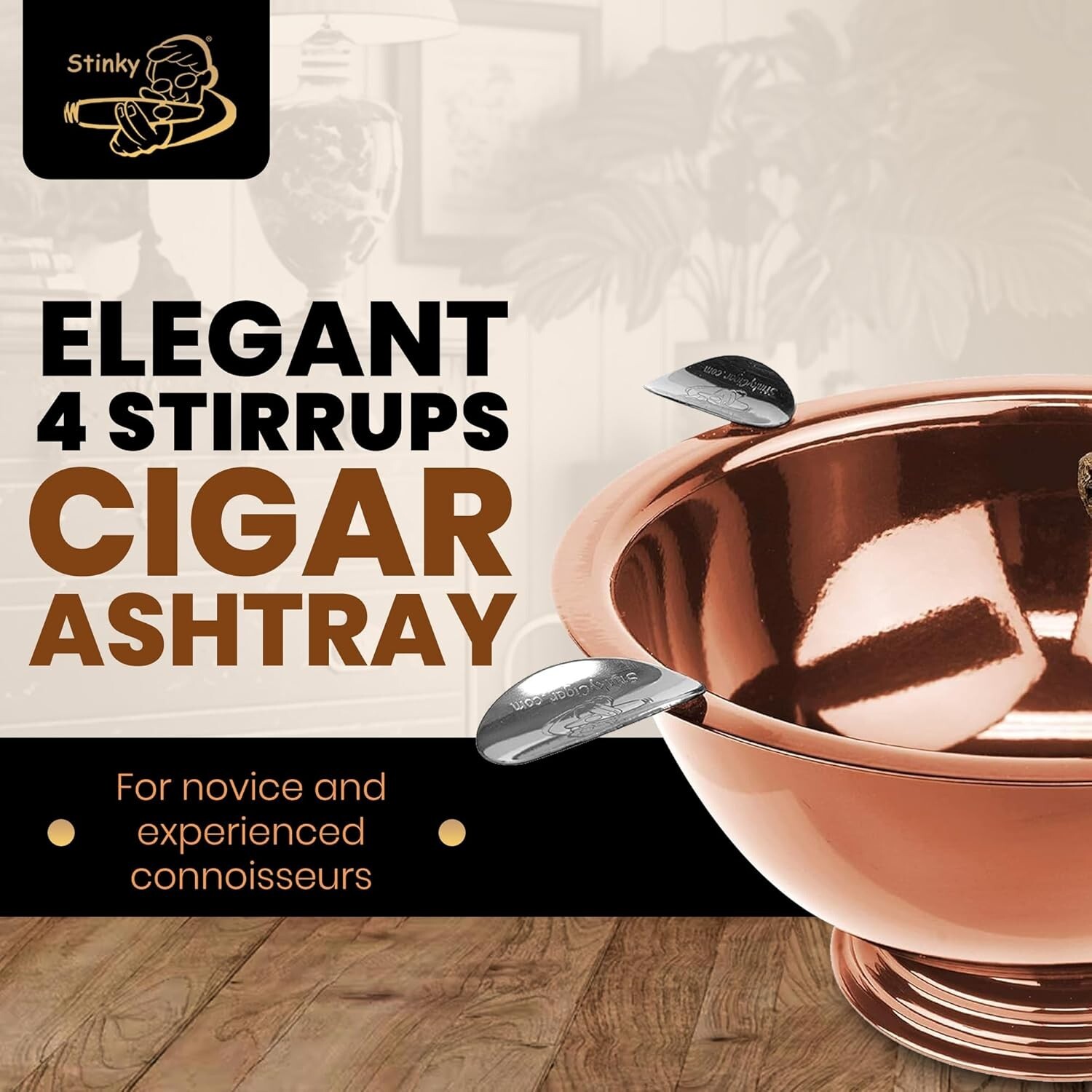 Stinky Cigar Ashtray, 4 Steel Stirrups, 8-Inch Diameter, 3-Inch Deep – Copper