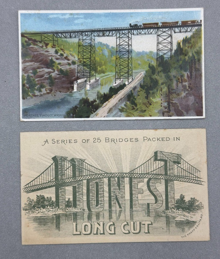 1890 HONEST LONG CUT TOBACCO Advertising Trading Card WYOMING RAILROAD BRIDGE