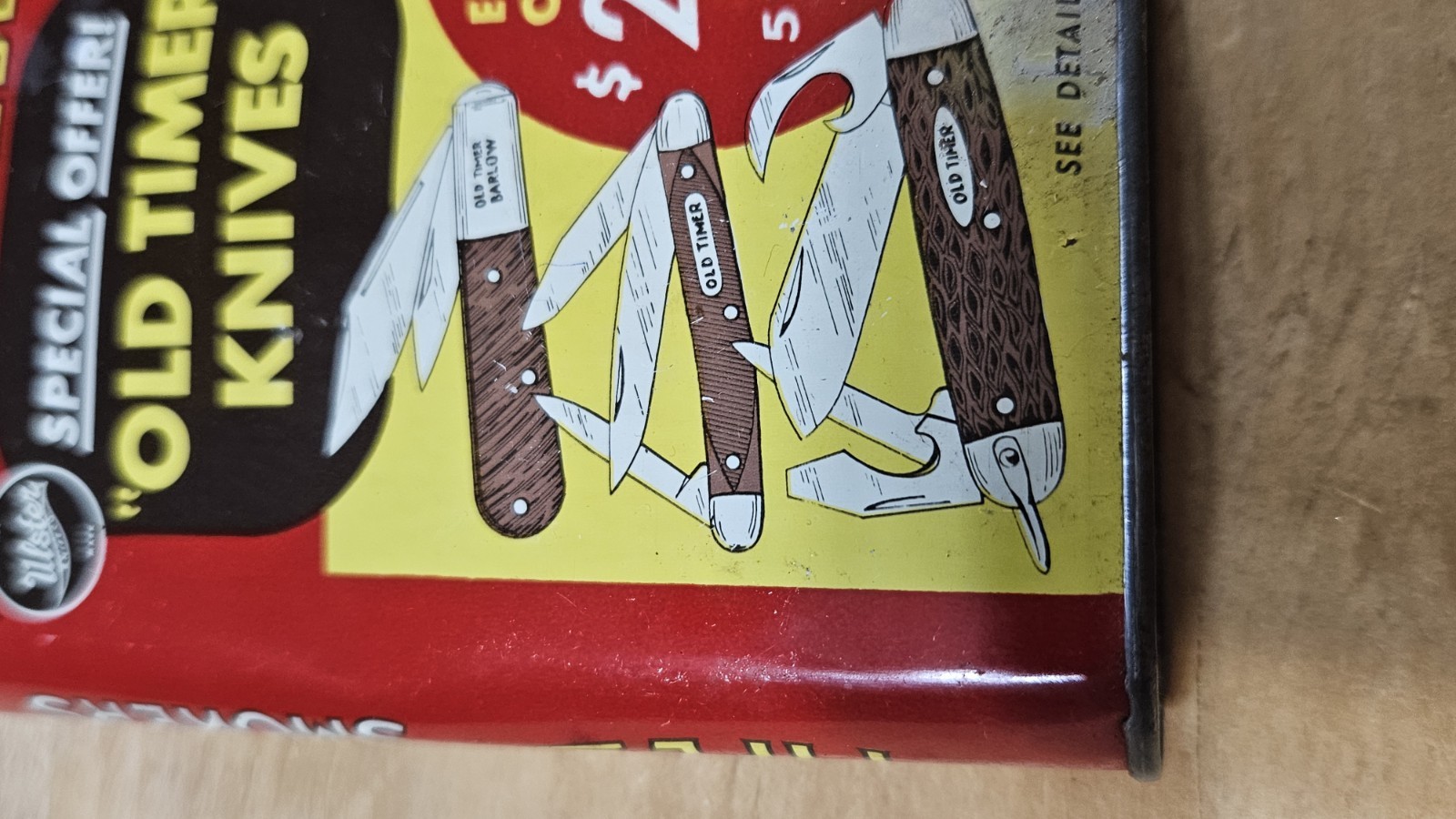 Vtg RJ Reynolds Tobacco Co Prince Albert Pocket Tin Old Timer Knives Ad on Side