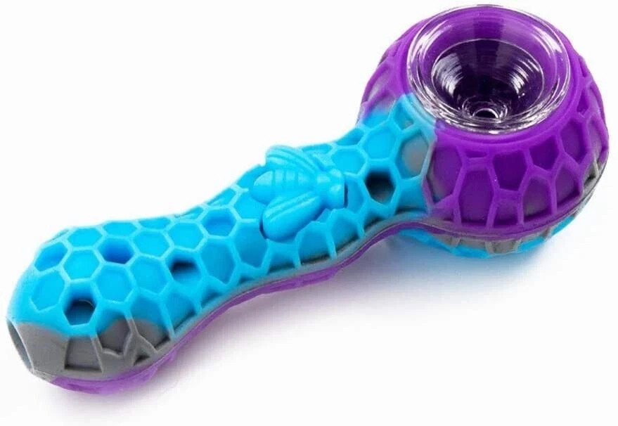 Silicone Smoking Pipe 4.3″ with Glass Bowl & Cleaning Tool Honeycomb Bee Design