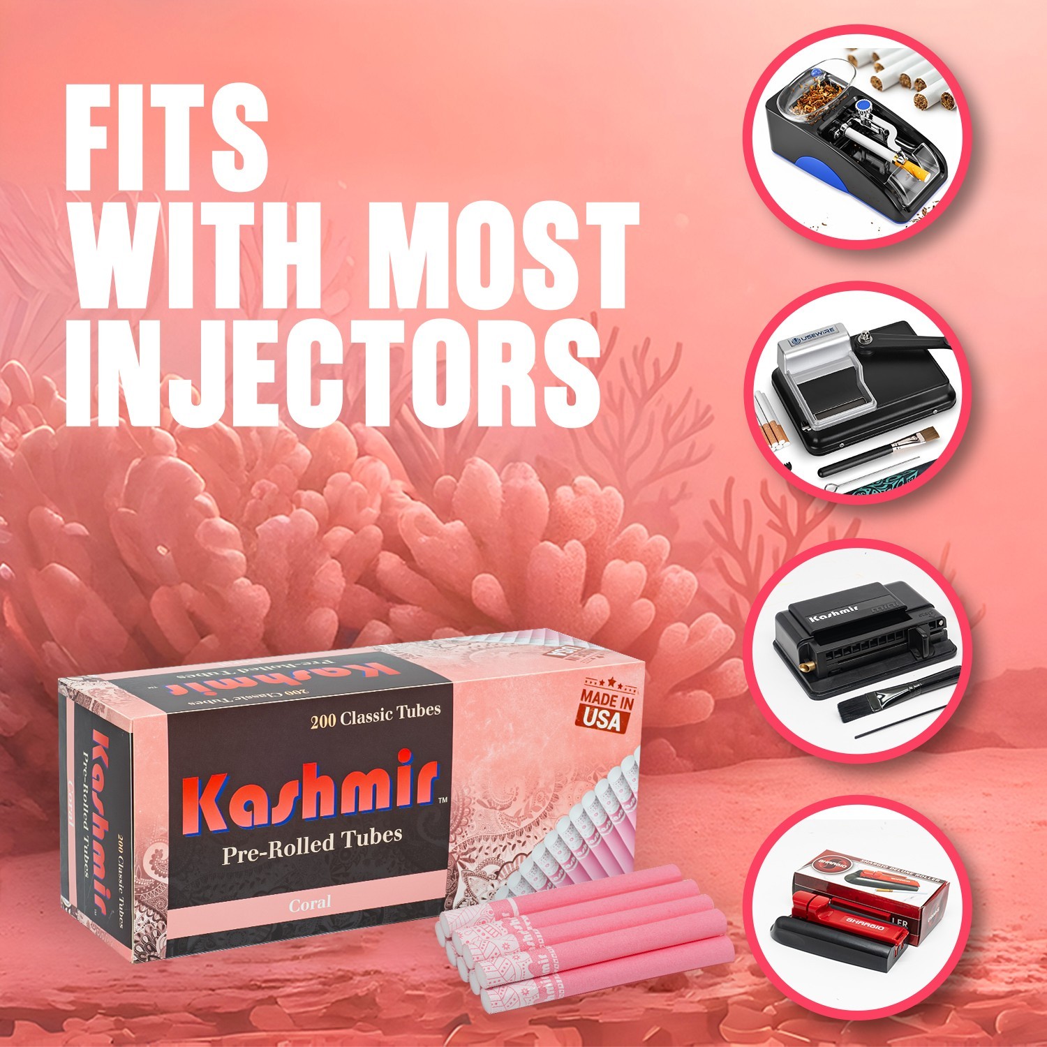 Kashmir Cigarette Tubes Coral King Size 84mm 1000 Count 200 CT x 10 Boxes