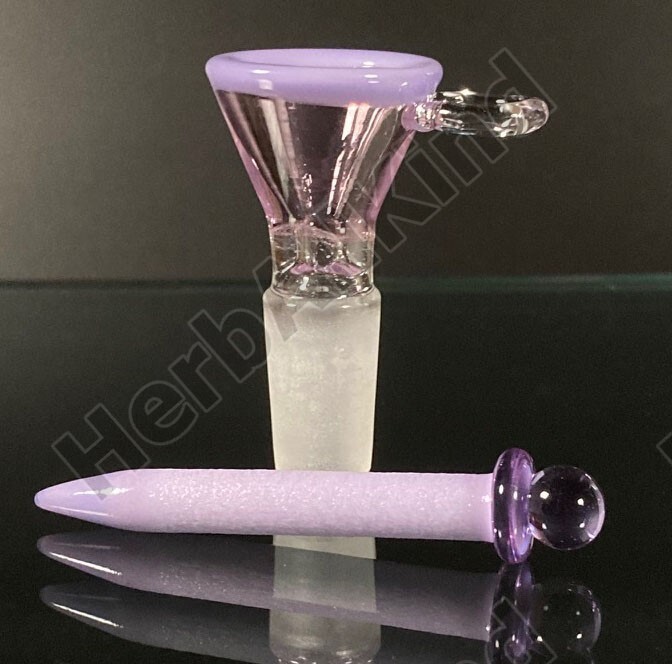 14mm Male Pink Purple Glass Funnel Bowl w Poker Wand & Clear Holder Loop