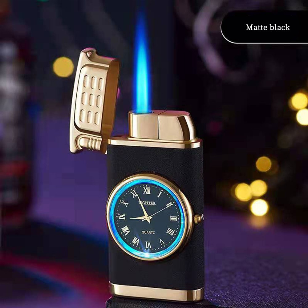 Vintage Retro Style Luxury Blue Flame Gas Lighter With Roman Numeral Clock