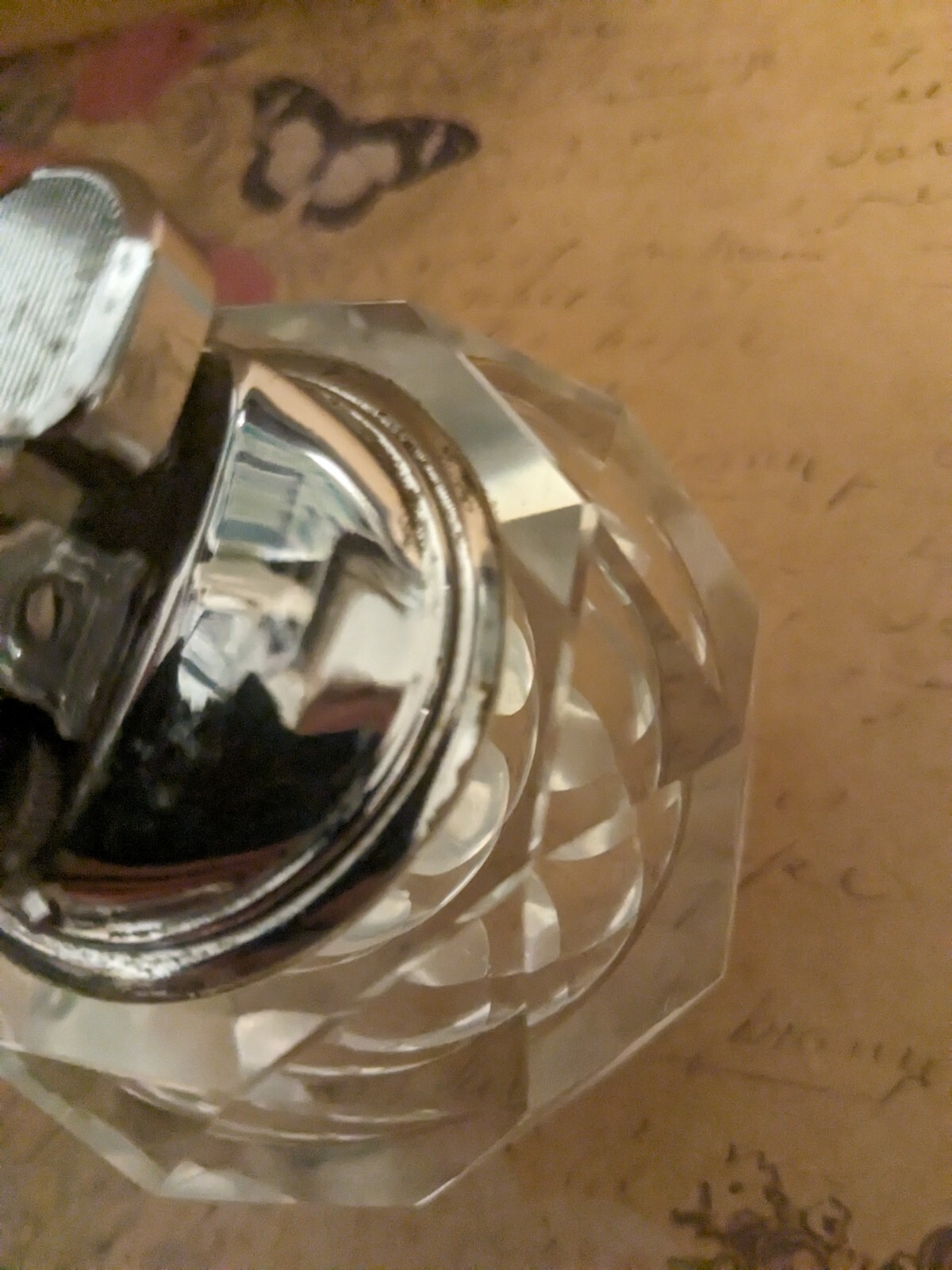 Vintage MCM Faceted Gas Lighter Art Deco Hand Carved Glass Chrome Japan 1970